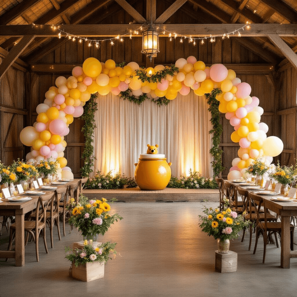 A magical evening gender reveal party in a rustic barn, featuring fairy lights, leafy garlands, and long farmhouse tables with honey-gold linens and wildflower centerpieces. A grand ombre balloon arch frames a stage with a giant honeypot, while pastel balloons float above and a dessert table displays a naked cake with a fondant beehive topper.
