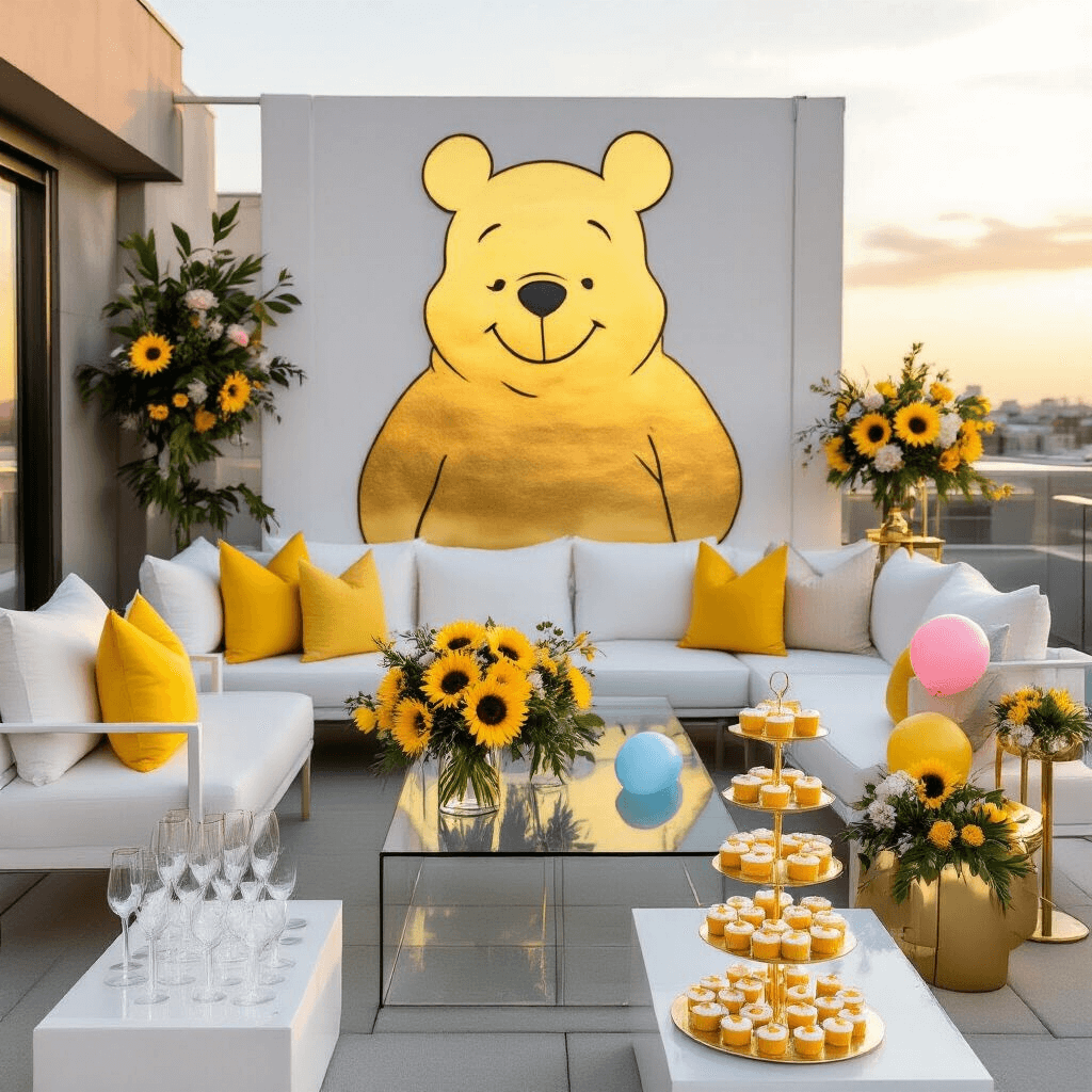 A modern rooftop terrace featuring sleek white furniture with yellow accents, an oversized golden abstract mural of Winnie the Pooh, elegant floral arrangements, a clear acrylic box filled with helium balloons, a champagne tower, and a tiered cake with gold honeycomb patterns, all set during golden hour.