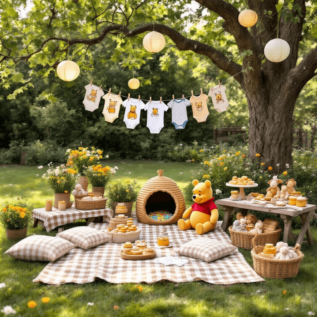 A whimsical gender reveal picnic inspired by Winnie the Pooh, featuring checkered blankets, low tables, potted wildflowers, and paper lanterns in a sunlit backyard. A clothesline displays vintage illustrations and neutral-toned onesies, while a craft paper tree holds confetti. Wicker baskets filled with bread, honey jars, and plush toys are present, alongside a rustic dessert table with honey-themed treats and a beehive cake, all framed by soft pastel balloons and white picket fences.