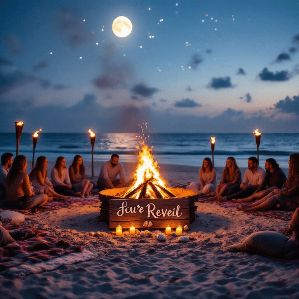 15 Epic Gender Reveal Ideas That Will Blow Your Mind A dramatic moonlit beach setting features a roaring bonfire surrounded by expectant parents ready to reveal their baby's gender with color-changing powder, while guests gather on blankets under the warm glow of tiki torches and hurricane lanterns. A driftwood sign adorned with seashells and fairy lights announces the reveal, capturing the excitement of the moment against a backdrop of a starry sky and gentle waves.
