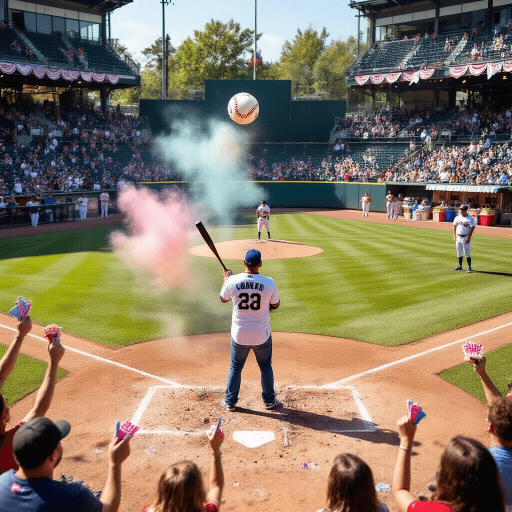 15 Epic Gender Reveal Ideas That Will Blow Your Mind A vibrant gender reveal scene on a baseball field: an expectant father in a team jersey stands ready at home plate, poised to hit a custom baseball filled with colored powder, while excited guests in team colors cheer from the bleachers. A drone captures the festive atmosphere, complete with a decorated concession stand featuring pink and blue popcorn and bunting along the fences.