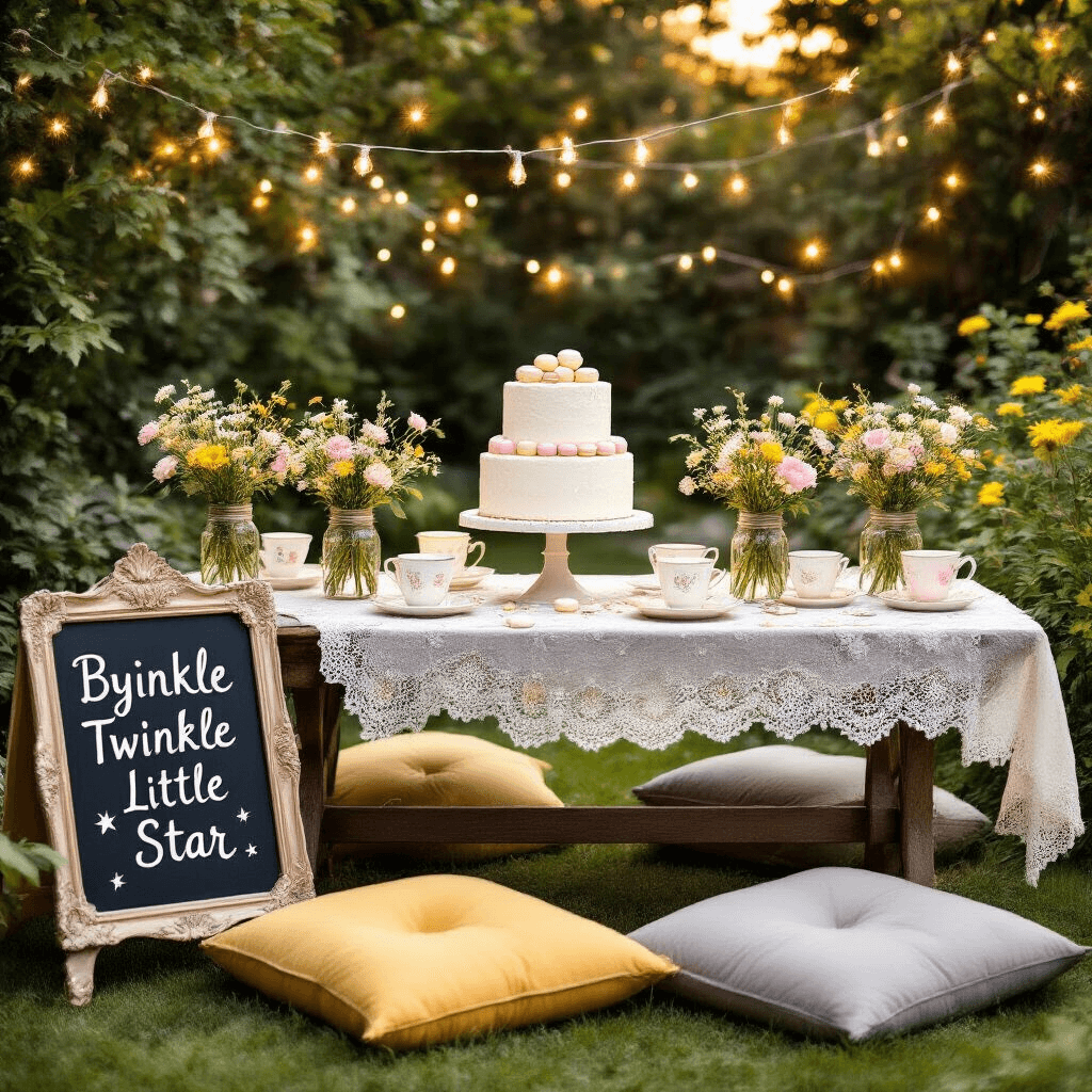 A golden hour garden scene featuring a rustic wooden table with a lace tablecloth, wildflower centerpieces in mason jars, vintage teacups with pastel macarons, and soft fairy lights. In the foreground, a two-tiered white cake with 'Twinkle Twinkle Little Star' in silver icing sits on an ornate stand, while plush floor cushions in muted yellows and grays surround the table. A chalkboard easel displays 'Boy or Girl?' in whimsical calligraphy.