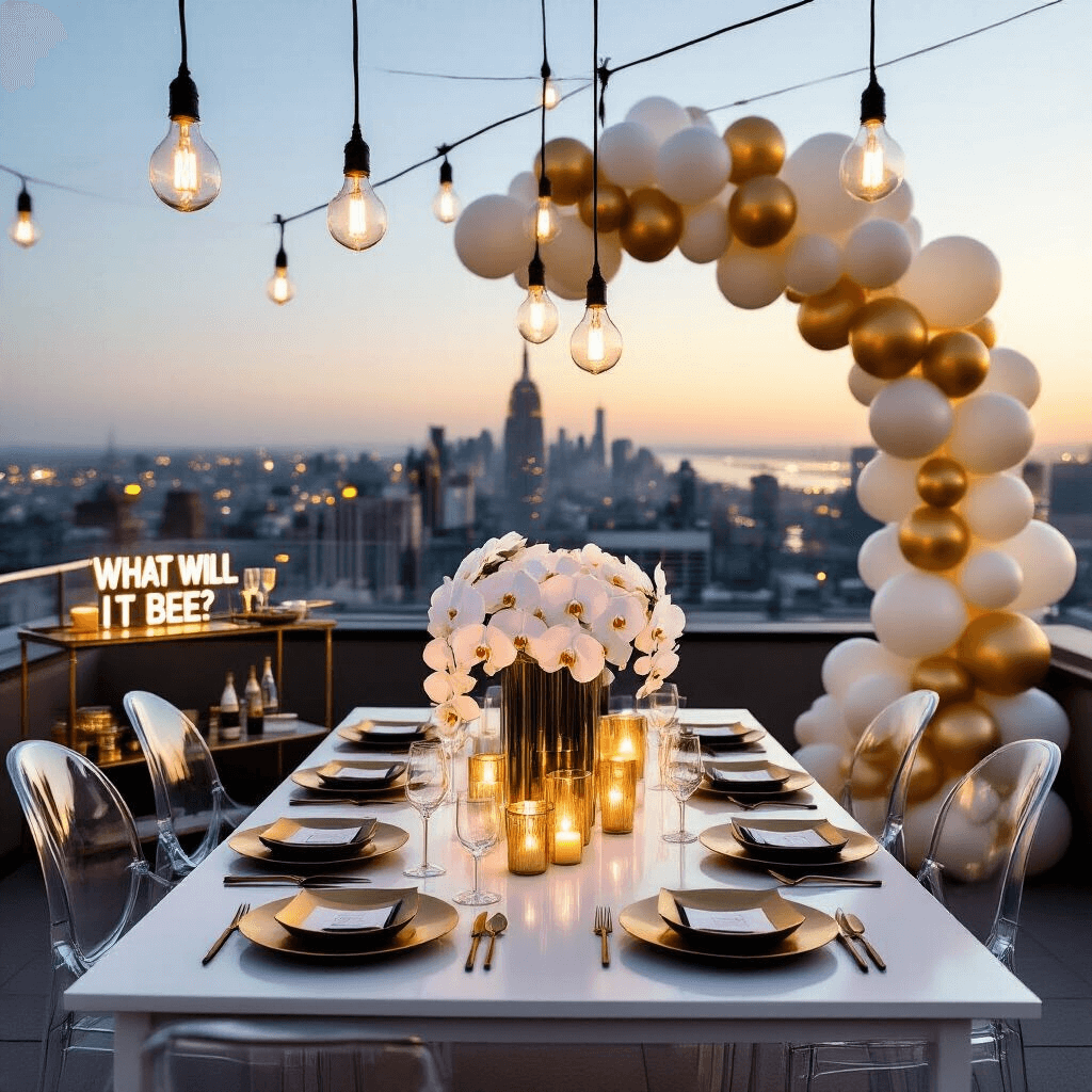 An intimate rooftop terrace at dusk featuring modern ghost chairs and a sleek white table set with geometric gold plates and black cutlery, adorned with a tall vase of white orchids. Warm light from hanging Edison bulbs and flickering candles create a cozy atmosphere, complemented by a balloon arch in cream and gold. A stylish bar cart with champagne flutes and a neon 'What Will It Bee?' sign completes the scene.