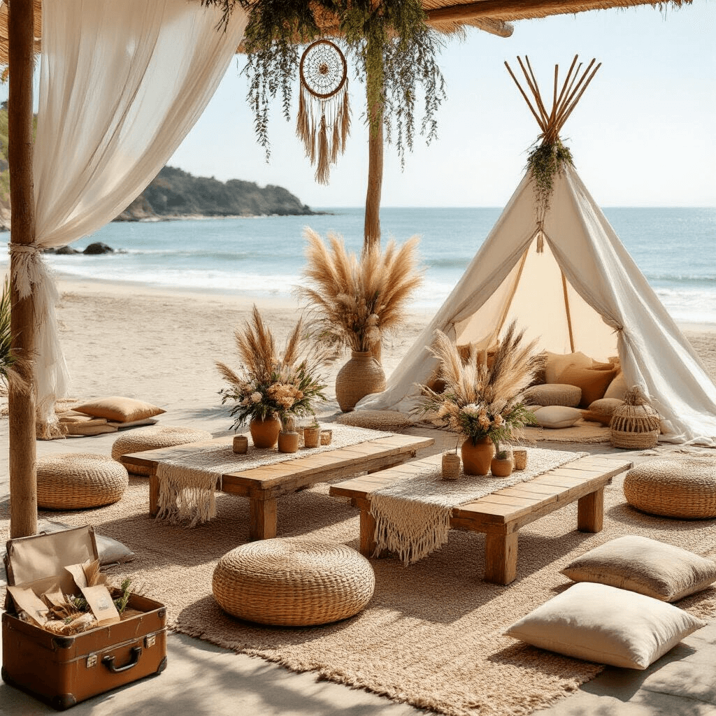 A sunlit beachfront decorated boho-chic style, featuring low wooden tables with macramé runners, woven rattan poufs, and centerpieces of pampas grass and proteas. A teepee tent draped in sheer fabric houses a cake, surrounded by floor pillows in earthy tones. Vintage suitcase in the foreground holds wrapped party favors.