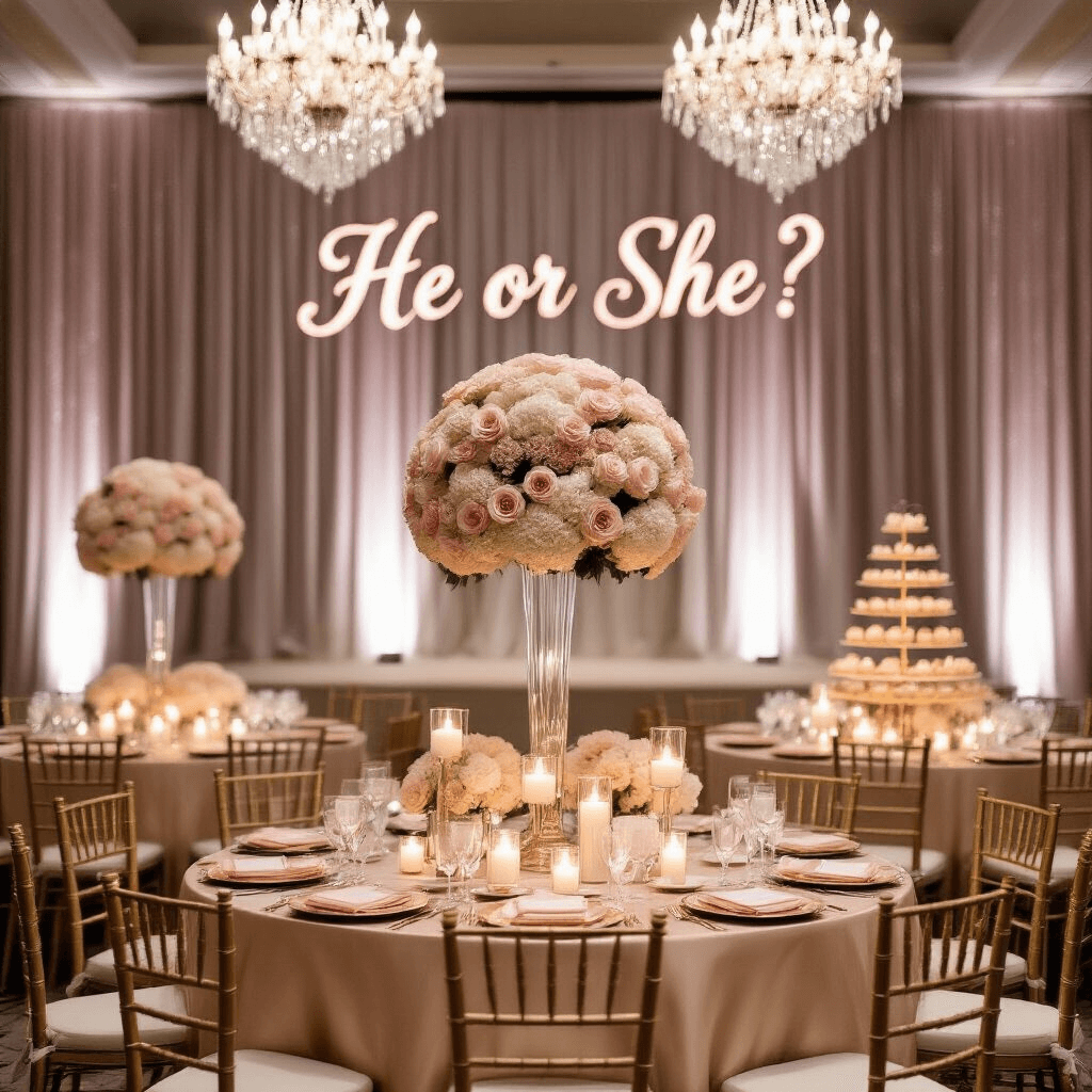 An elegant ballroom illuminated by soft candlelight, featuring champagne-colored silk-draped tables adorned with blush rose and white hydrangea centerpieces, gold Chiavari chairs, and crystal chandeliers. A shimmering sequin curtain backdrop displays a 'He or She?' sign in rose gold, while a dessert table filled with pastel treats complements the dreamy ambiance enhanced by floating candles in glass bowls.