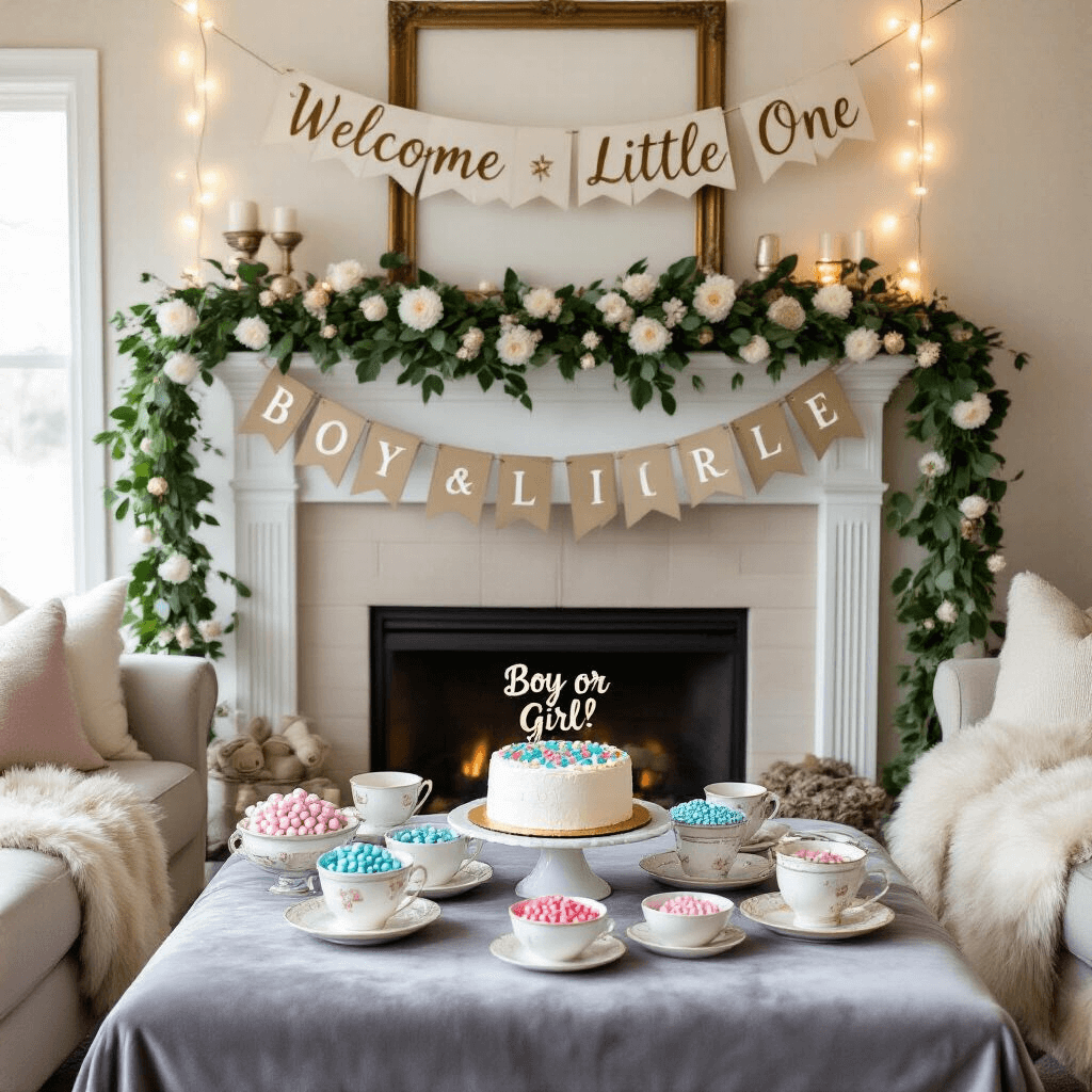 A cozy living room set for a gender reveal, featuring a greenery garland with white blooms and metallic baubles on the fireplace mantel, a 'Welcome Little One' banner above antique frames, a coffee table with a 'Boy or Girl?' cake and vintage teacups filled with pink and blue M&Ms, plush throw pillows, faux fur blankets, and warm string lights illuminating the space.