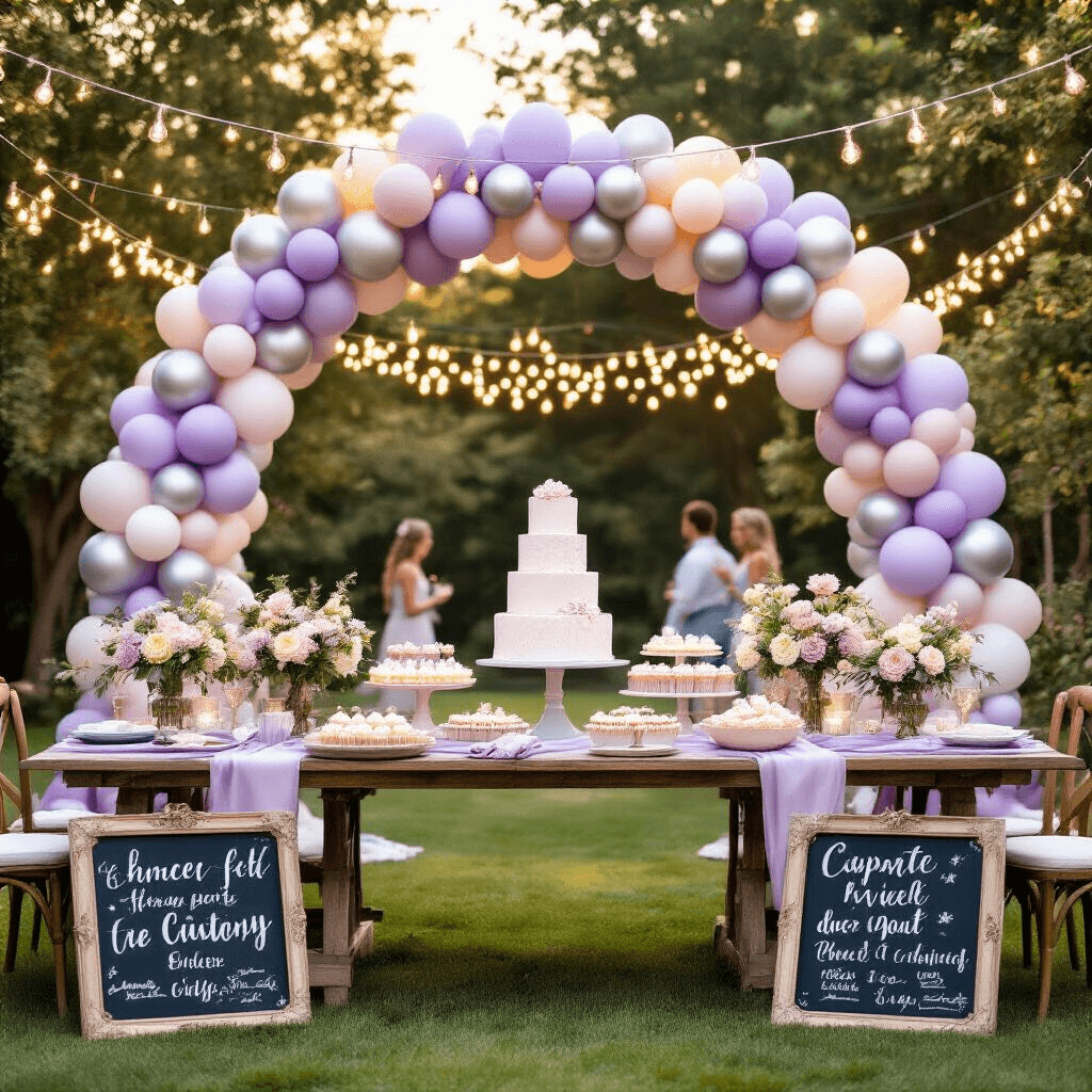 A whimsical gender reveal backyard setup featuring a grand ombré balloon arch in lavender, silver, and ivory, rustic wooden tables with floral centerpieces, a dessert cart with pastel cupcakes, and a central reveal cake, all illuminated by twinkling fairy lights as guests mingle in the foreground.