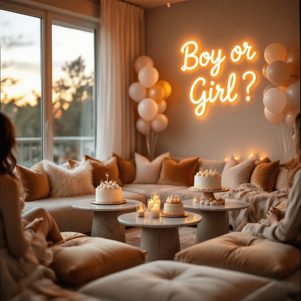 Intimate living room gender reveal party featuring a close-up of a beautifully decorated cake, surrounded by plush floor cushions and warm candlelight, with guests blurred in anticipation in the background.