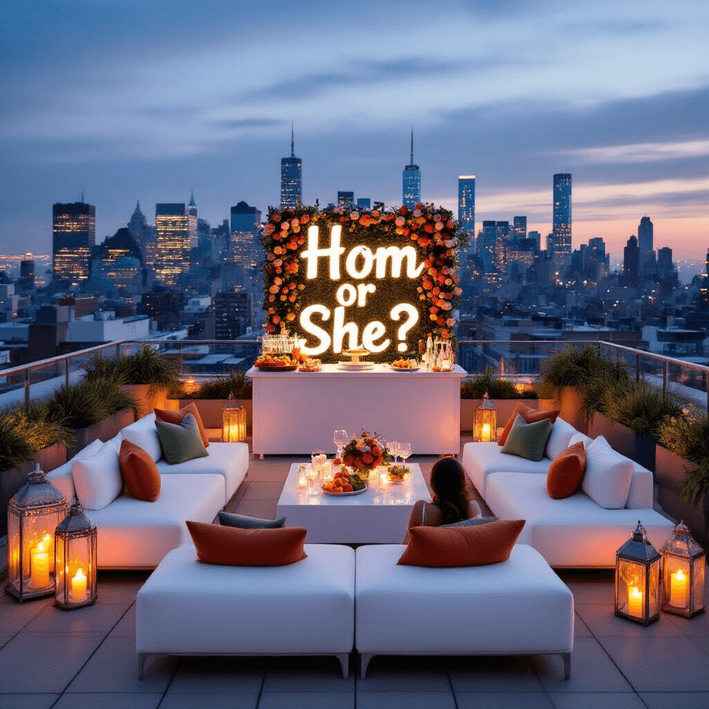 A chic rooftop terrace gender reveal party at twilight, featuring modern lounge furniture with terracotta and sage pillows, an elaborate 'mom-osa' bar, atmospheric lanterns, and a 3D floral backdrop spelling out 'He or She?'. Guests gather for the reveal moment, with a glittering city skyline in the background.