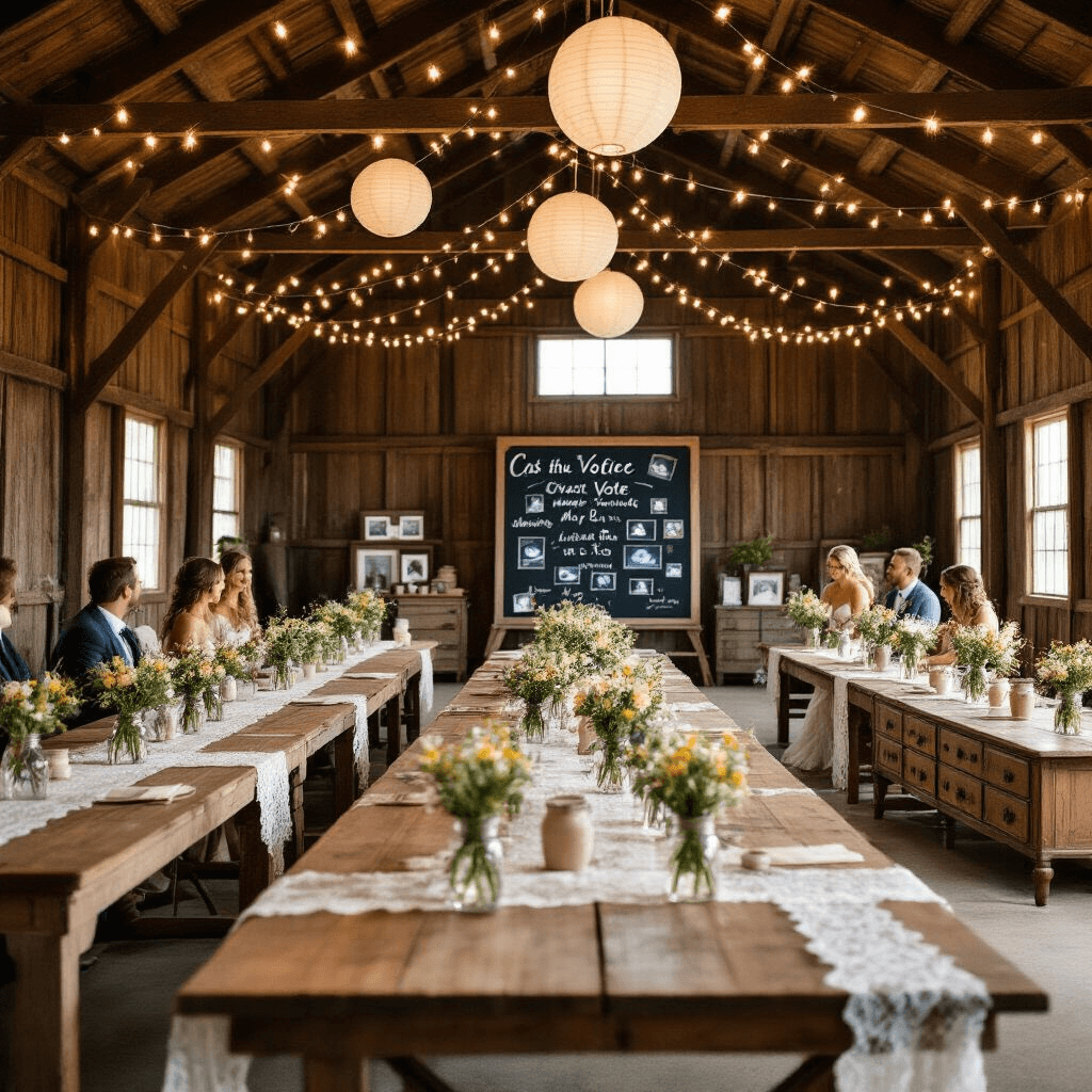 A rustic barn interior elegantly decorated for a gender reveal, featuring long wooden tables with lace runners, mason jar wildflower centerpieces, and string lights overhead. A chalkboard sign invites guests to vote, while a vintage dresser displays ultrasound photos. The couple opens a reveal box surrounded by loved ones in a warm, atmospheric setting.
