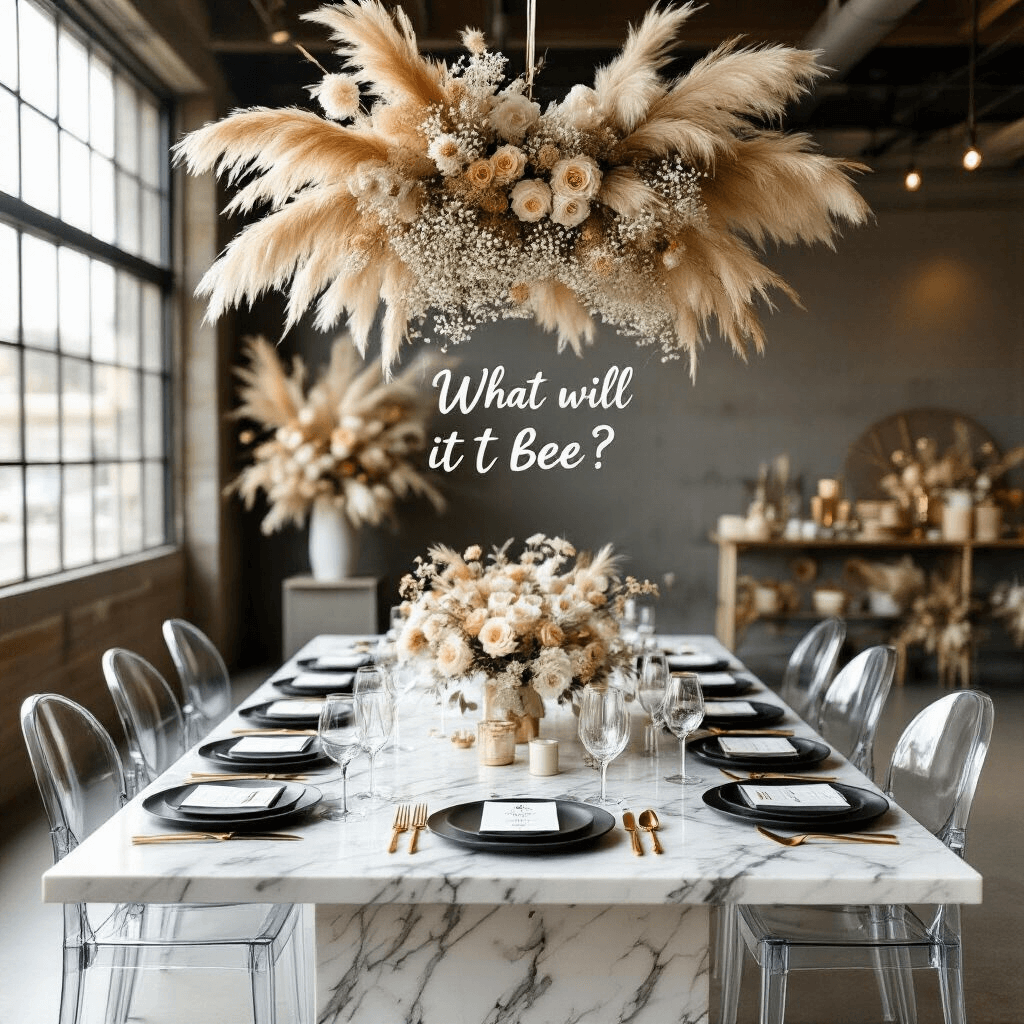 A beautifully styled overhead shot of a modern loft space featuring a minimalist gender reveal brunch setup with a marble table set with matte black plates, gold cutlery, and glassware, surrounded by ghost chairs. A dramatic floral installation hangs above, composed of pampas grass and baby's breath, with a custom acrylic sign reading 'What Will It Bee?' among themed party favors and personalized place cards.