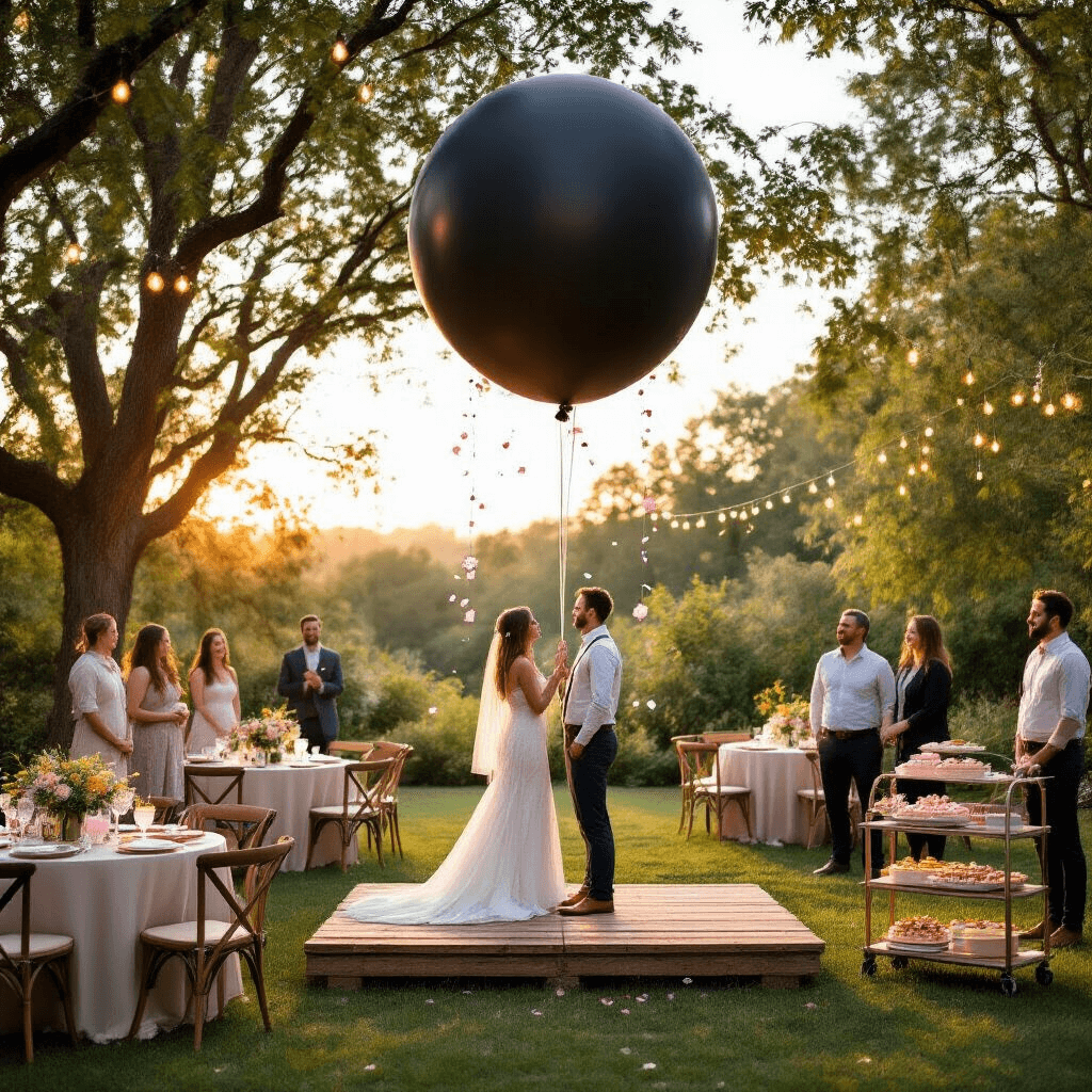 A golden hour backyard scene filled with anticipation, featuring a couple on a rustic wooden platform surrounded by friends and family, preparing to pull a cord on a massive black balloon overhead. Soft fairy lights hang between trees, and round tables with neutral linens and wildflower centerpieces are scattered across the lawn. A dessert cart with gender-themed treats is nearby, as everyone eagerly awaits the balloon's burst, ready to release pink or blue confetti.