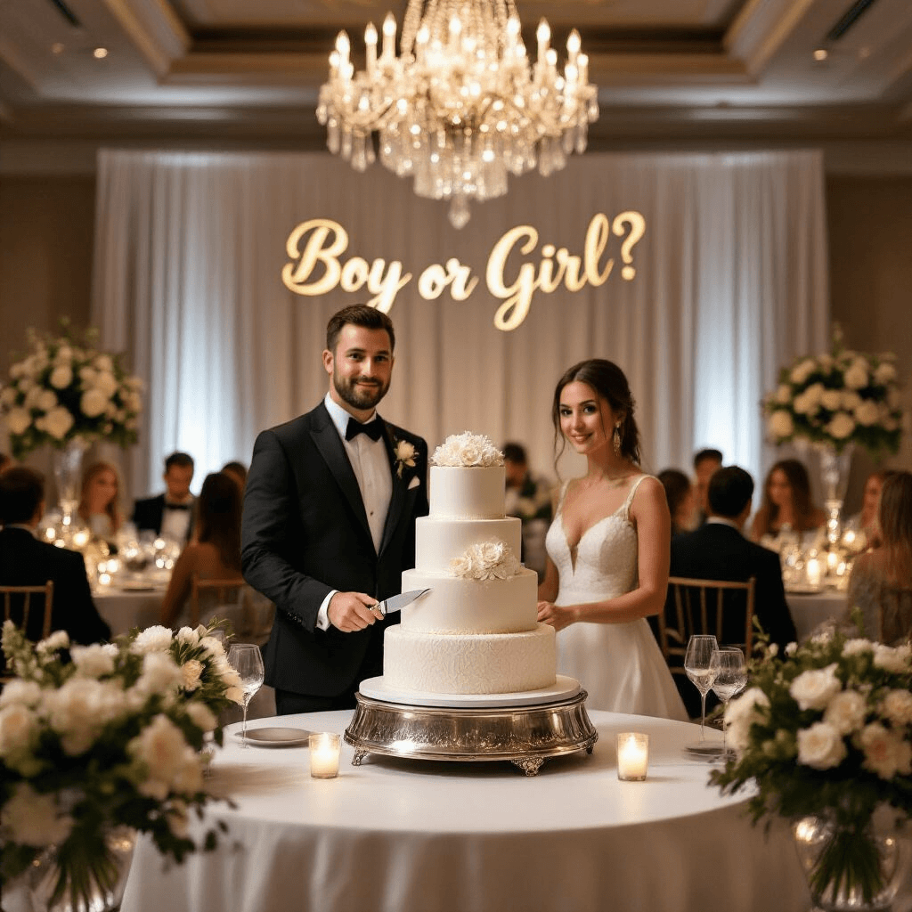 An elegant indoor ballroom with soft candlelight, featuring a long table draped in white linen, a pearlescent tiered cake, a couple in neutral attire, and crystal chandeliers illuminating guests at round tables with fine china and floral centerpieces, alongside a gold calligraphy 'Boy or Girl?' banner.