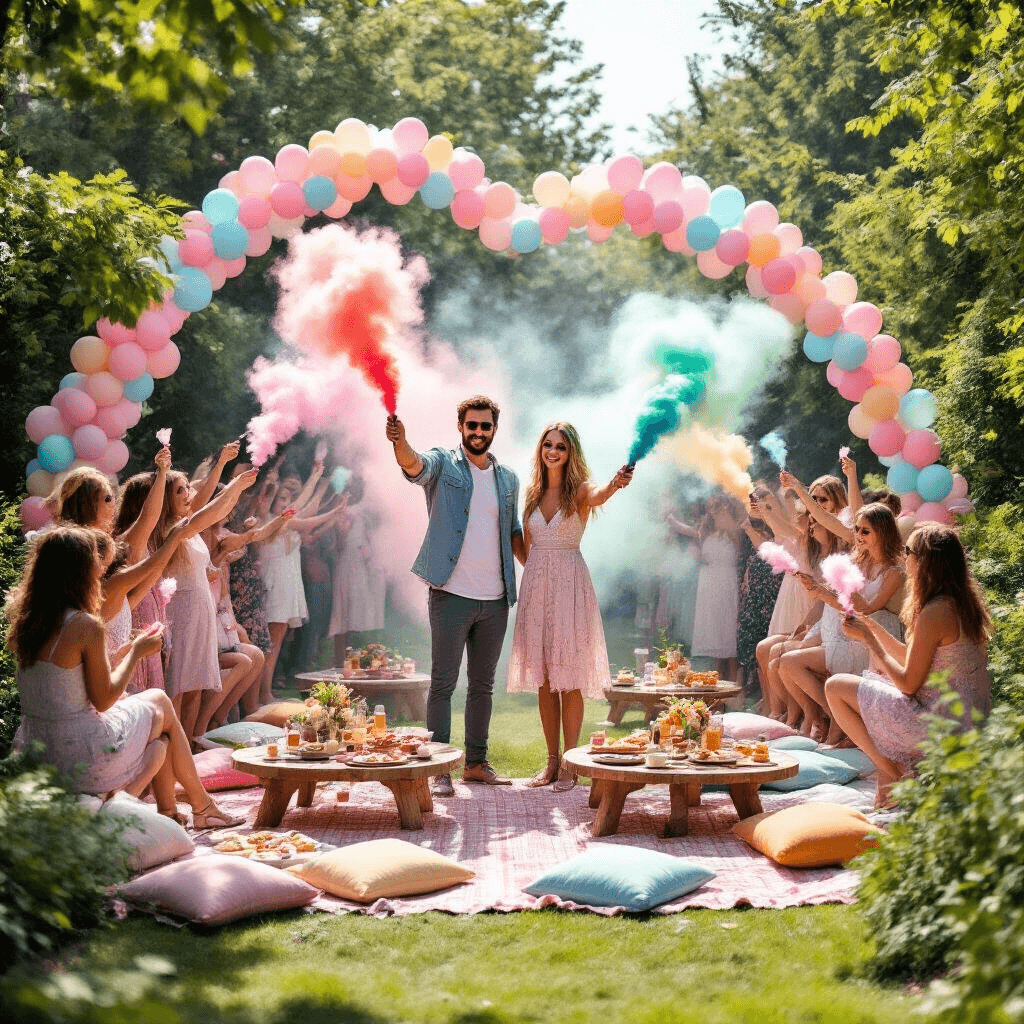 A couple in a lush garden surrounded by excited guests, all holding smoke bombs; the scene is filled with a colorful haze, picnic blankets with food, and balloon garlands overhead.