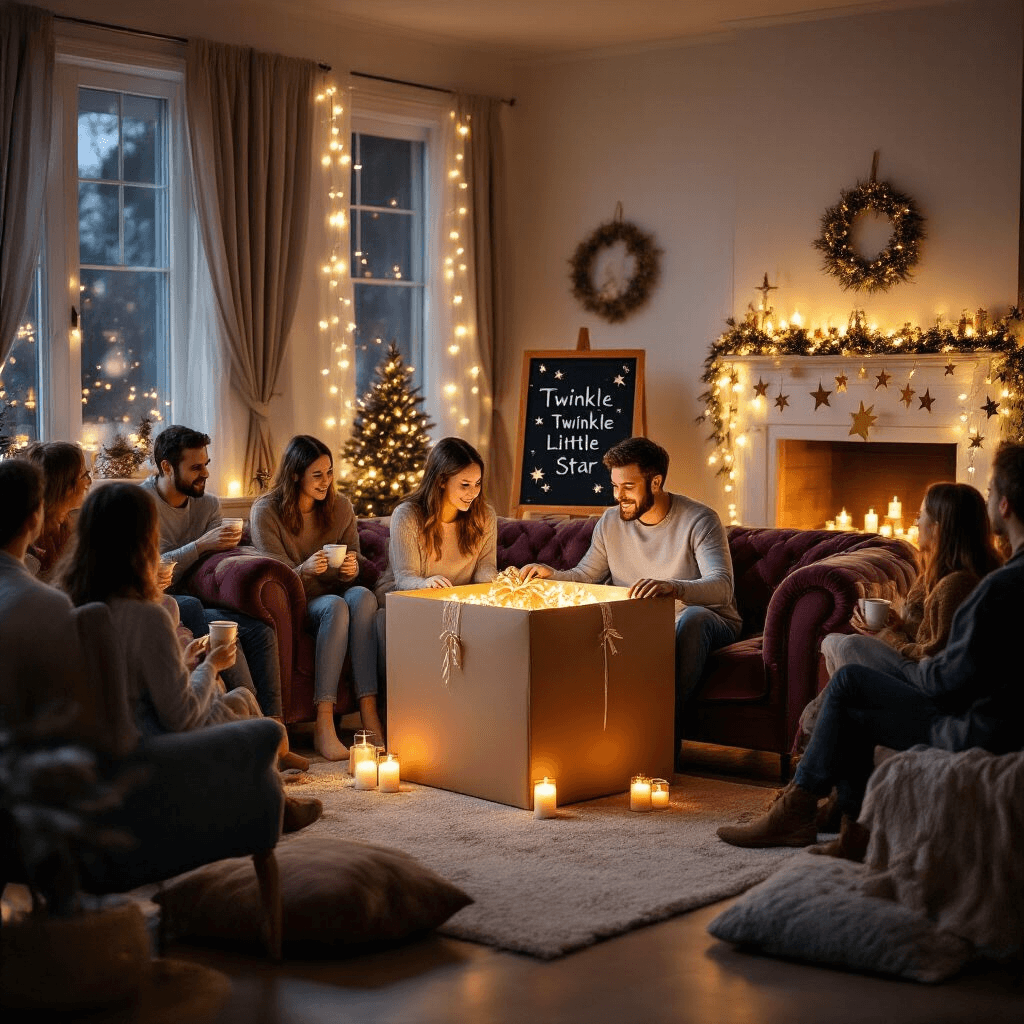 A cozy twilight living room filled with fairy lights and candles, featuring a giant wrapped cardboard box at the center. An expectant couple sits on a plush velvet sofa, surrounded by friends and family on mismatched chairs and floor cushions, all holding hot cocoa. A chalkboard easel displays guest predictions, while the mantle is decorated with 'twinkle twinkle little star' themed decor in soft metallics, creating an intimate atmosphere filled with excitement.
