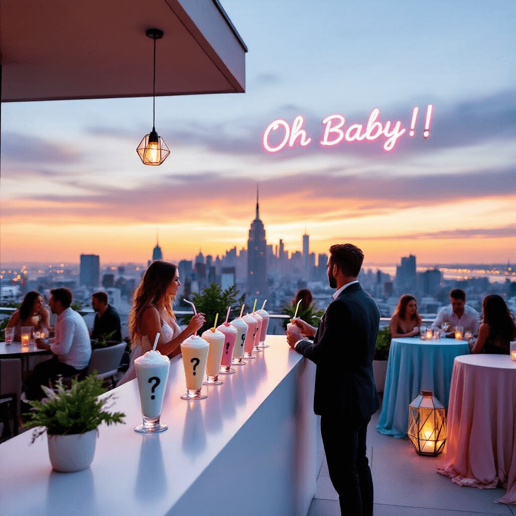 A modern rooftop terrace at sunset features a sleek white bar with identical covered milkshakes topped with question marks, as a couple approaches to sip from straws. Guests mingle at high cocktail tables with ombre linens, and a neon sign reading 'Oh Baby!' casts a cool glow amidst potted greenery and geometric lanterns, creating an urban chic, whimsical atmosphere with a stunning city skyline backdrop.