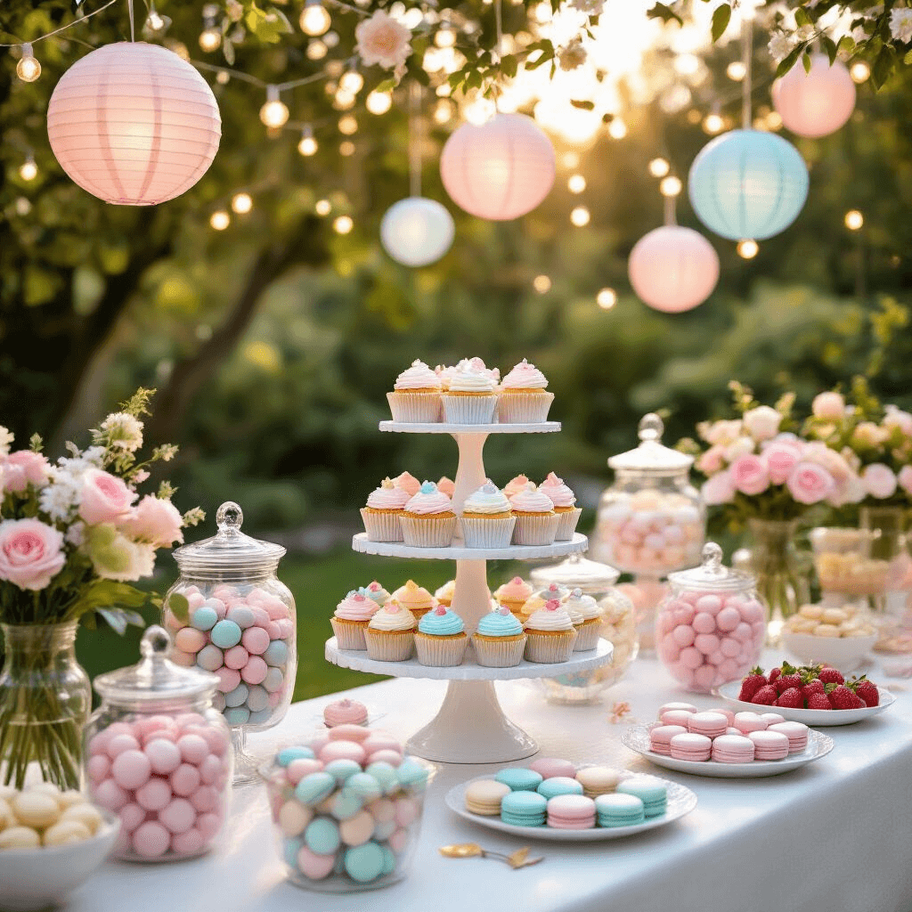 A beautifully decorated garden party dessert table featuring a tiered white cake stand with pastel pink and blue cupcakes, surrounded by glass jars of candies, macarons, and chocolate-covered strawberries, with floral arrangements in soft hues and a backdrop of fairy lights and paper lanterns.