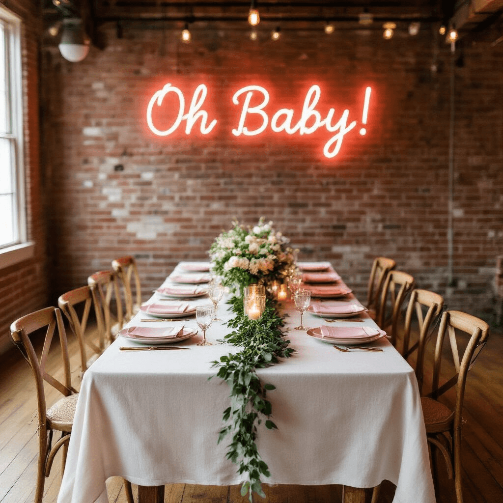 An intimate indoor gathering space featuring exposed brick walls, warm wooden floors, and a long farmhouse table draped in a white linen tablecloth. The table is set with alternating soft pink and powder blue place settings with gold-rimmed plates. A lush greenery runner with baby's breath and glass votives holding candles decorates the center. Above, a neon sign reading 'Oh Baby!' casts a rosy glow.