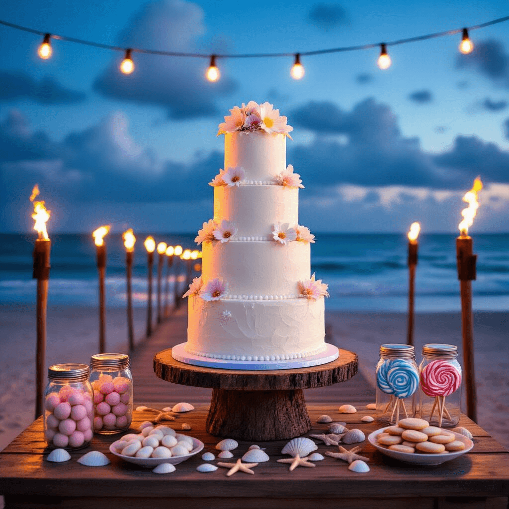 A twilight beachfront celebration with tiki torches along a wooden boardwalk, a stunning white fondant cake adorned with sugar flowers on a rustic stand, surrounded by seashells and starfish, and a dessert bar with mason jars of beach-themed treats, all illuminated by soft string lights against a deepening blue sky.