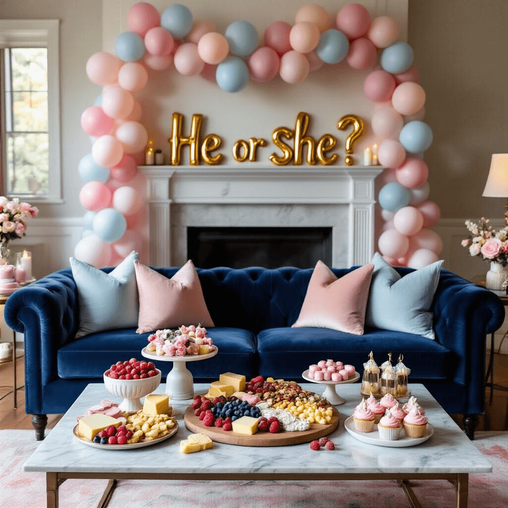 A cozy living room designed for an intimate reveal party, featuring a deep navy velvet sofa with blush and powder blue throw pillows, a marble coffee table with a grazing board of pink and blue foods, and balloon garlands above a fireplace mantel spelling 'He or She?' in gold letters, illuminated by soft lamplight and candles.