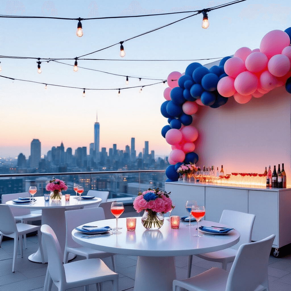 A modern rooftop terrace at dusk, featuring sleek white high-top tables with minimalist floral centerpieces, a statement wall with an ombré balloon installation, and a stylish bar cart displaying pink and blue cocktails, illuminated by string lights and city skyline views.