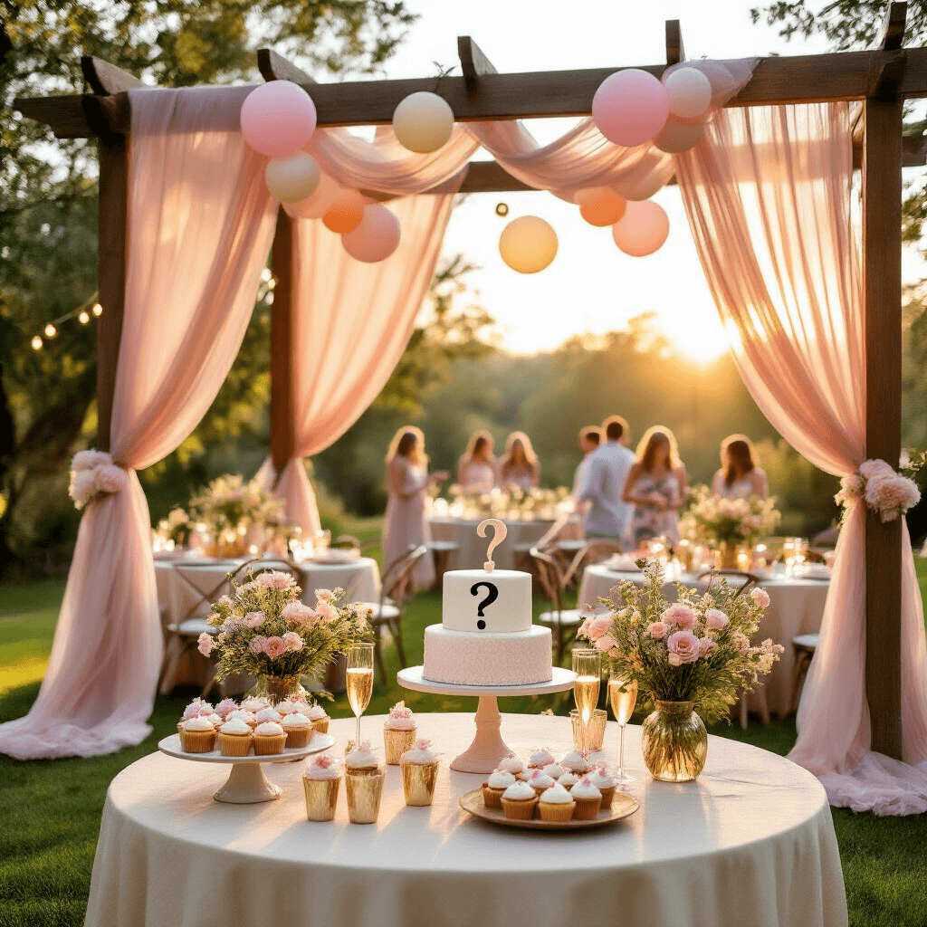 A sunset backyard gender reveal party with a rustic pergola draped in blush pink and cream fabrics, decorated round tables with pastel balloons and wildflowers, a dessert cart with cupcakes and a '?', guests enjoying champagne flutes, and warm string lights illuminating the scene.