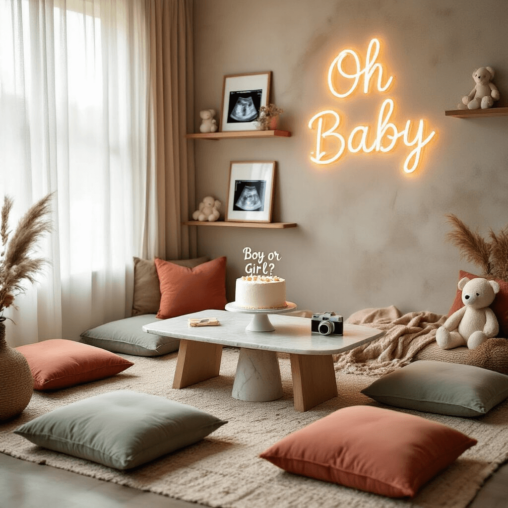 A cozy living room set for a gender reveal gathering, featuring soft morning light, plush floor cushions in sage and terracotta, a white cake with 'Boy or Girl?' in gold, Polaroid cameras, a guestbook, framed ultrasound photos, neutral stuffed animals, and a glowing 'Oh Baby' neon sign on a textured accent wall.