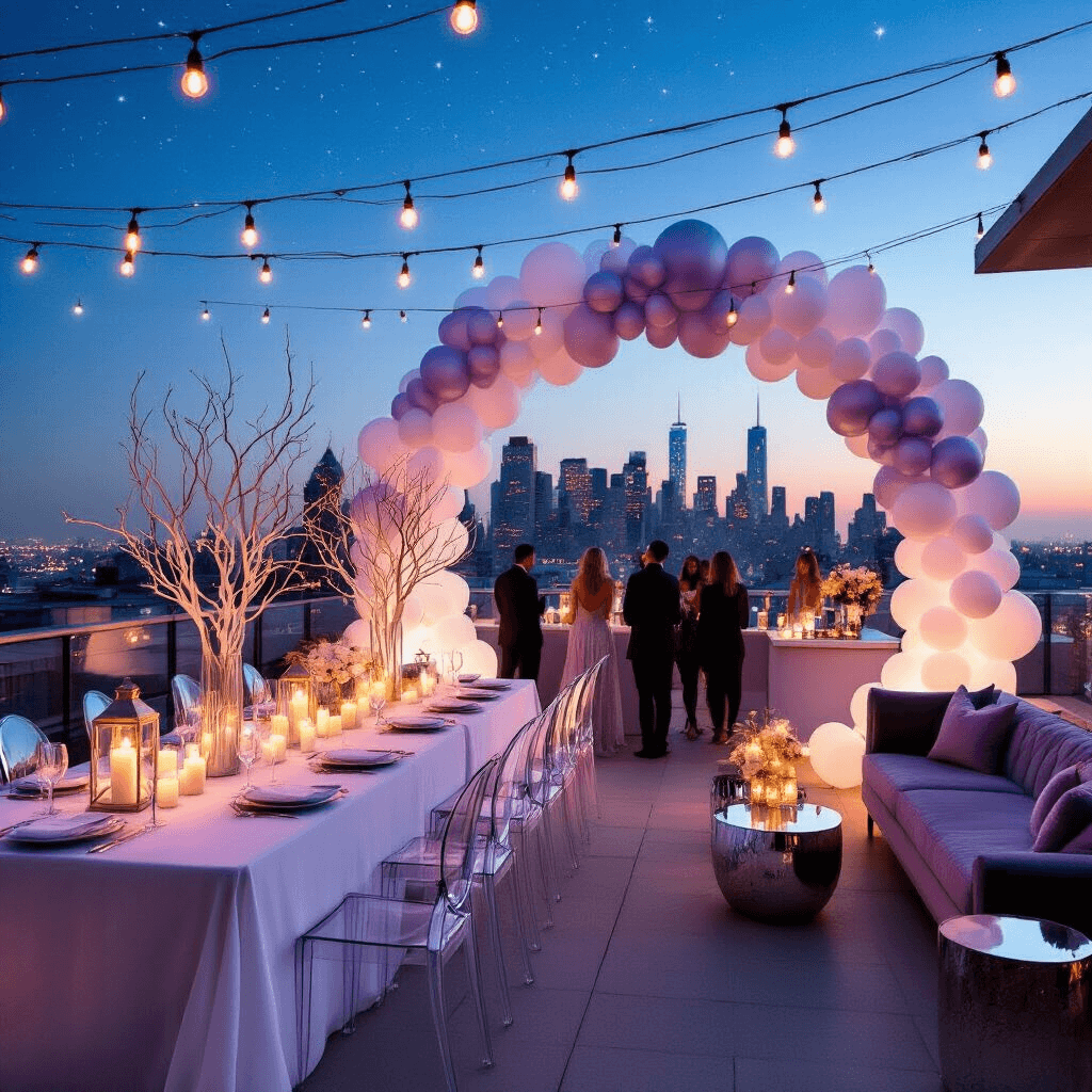 A chic rooftop terrace gender reveal party under a starlit sky, adorned with fairy lights and candles. Long tables with white linens hold sculptural centerpieces and oversized white balloons. Lucite ghost chairs provide elegance, while a bar cart serves signature pink and blue cocktails. An ombré balloon arch in lavender and silver frames the city skyline, and guests enjoy a lounge area with velvet sofas and mirrored side tables.