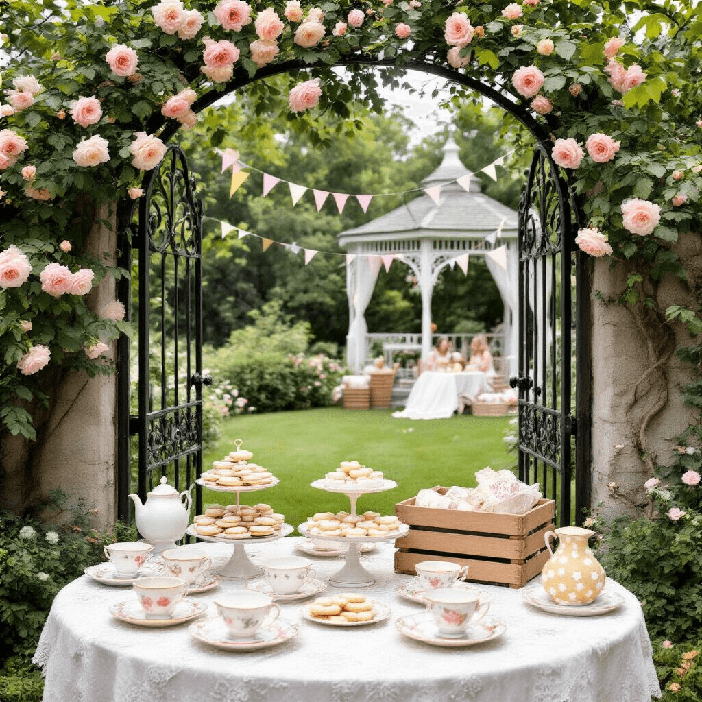 A whimsical garden party for a gender reveal, featuring an antique wrought-iron gate entwined with roses, tables set with mismatched vintage china, a dessert station with constellation cookies and a crescent moon cake, wooden crates with soft blankets, and a gazebo adorned with oversized paper flowers and pastel streamers.