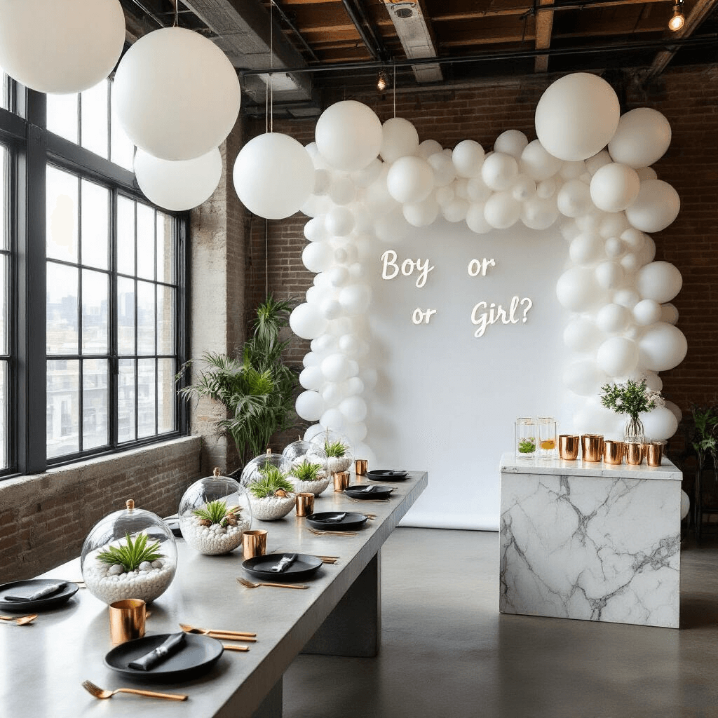 A modern gender reveal setup in a sleek urban loft featuring a long concrete table with matte black dishes, gold cutlery, and geometric terrariums, surrounded by floor-to-ceiling windows, a white balloon backdrop, floating signs, and a marble cart with artisanal mocktails in copper mugs.