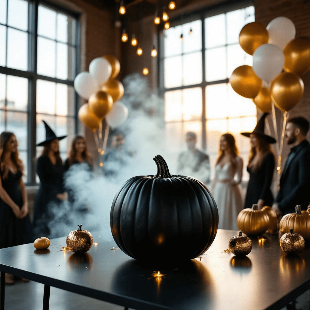 A modern loft space at golden hour features a stylish Halloween gender reveal, with a sleek black table holding an oversized matte black pumpkin surrounded by metallic gold and white balloons. Guests in chic witch and warlock attire gather, while hints of soft blue and pink are visible in the decor. Amber-hued fairy lights provide a warm glow, with a close-up on the pumpkin just before it opens to reveal colored smoke.