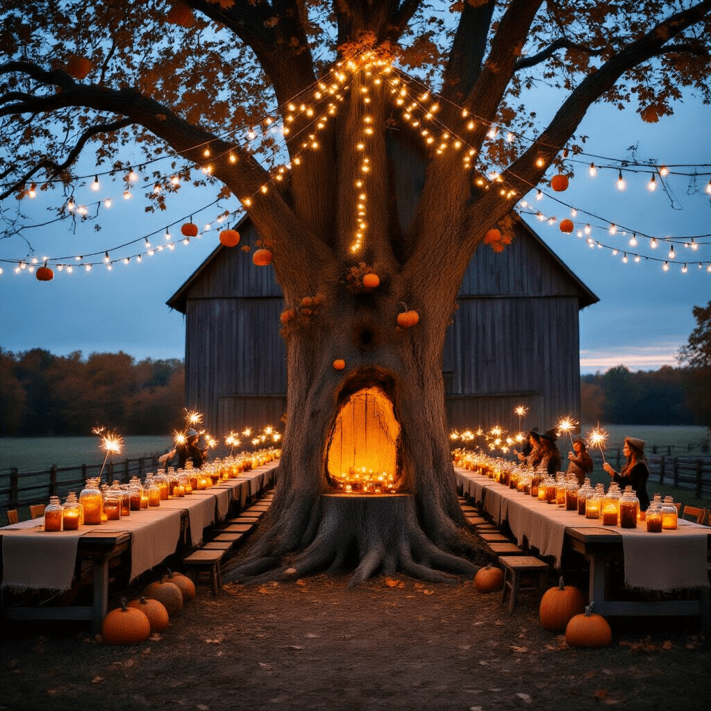 A rustic barn at twilight adorned with twinkling lights and long farmhouse tables featuring apothecary jars of colorful liquids, with a hollowed tree stump as a focal point, surrounded by floating pumpkins and autumn leaves; guests in whimsical costumes hold sparklers, all captured in moody lighting that enhances the magical atmosphere.