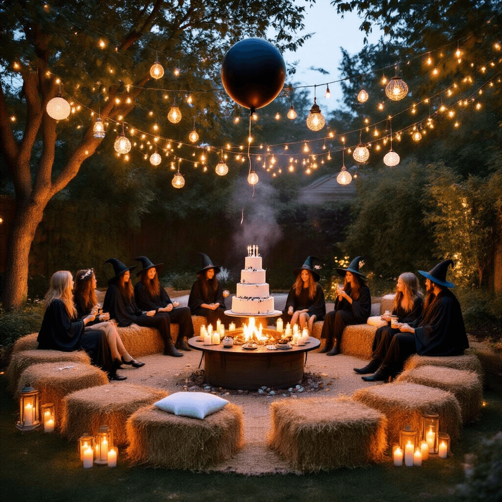 A cozy backyard setting illuminated by candles, featuring a circle of hay bales around a fire pit, string lights above, a dessert table with a fondant cobweb cake, and guests in witch and wizard robes.