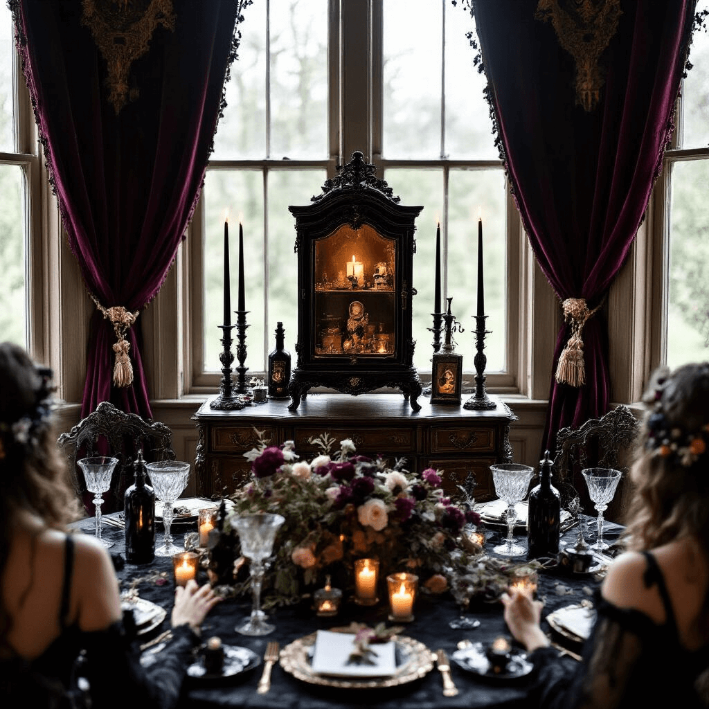 A Victorian parlor adorned with rich velvet curtains and ornate mirrors, featuring a vintage cabinet of curiosities at the center, elegantly set for a gender reveal gathering. The table displays black china, crystal goblets, and potion bottle favors, with dried flowers and spell books enhancing the mysterious ambiance. Gothic-attired guests sip themed cocktails, while flickering candlelight casts enchanting shadows. A close-up detail of the curiosity cabinet hints at the reveal surprise inside.