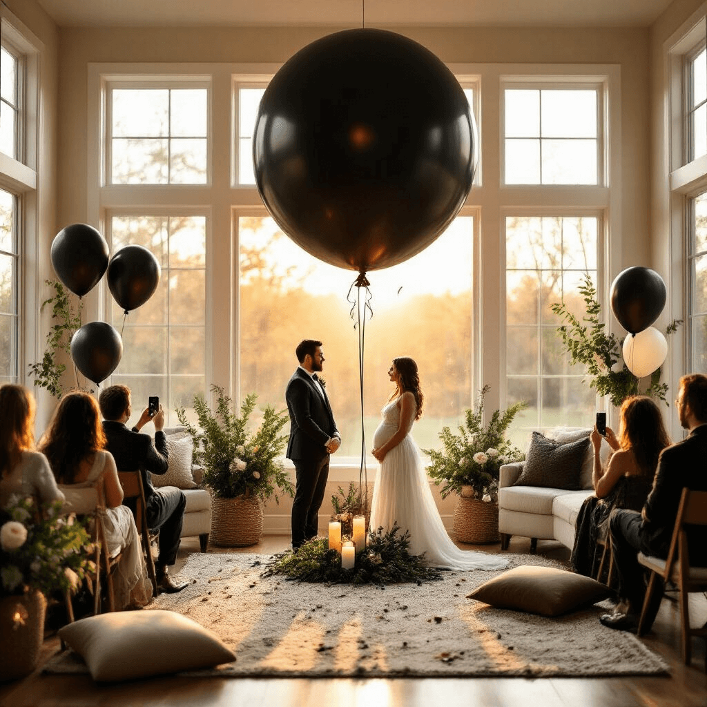 An intimate living room filled with warm golden light, featuring a large black balloon suspended from the ceiling, surrounded by neutral-toned balloons and greenery. An expectant couple stands ready with a pin, while guests in a semicircle prepare to capture the moment. The cozy space includes plush throw pillows, a soft area rug, and groupings of candles, creating an exciting atmosphere for the upcoming confetti explosion.