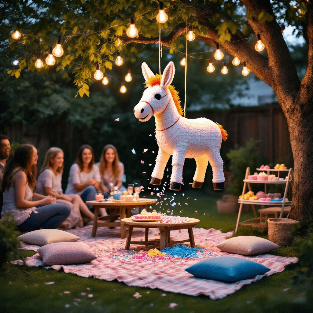 A lively backyard scene at twilight features a donkey-shaped piñata hanging from a tree, surrounded by eager guests as a blindfolded parent-to-be prepares to strike. Nearby, picnic blankets, low tables, and cushions invite relaxation, while a dessert cart showcases pink and blue treats. The moment is captured as the piñata bursts open, releasing colorful confetti that reveals the baby's gender.