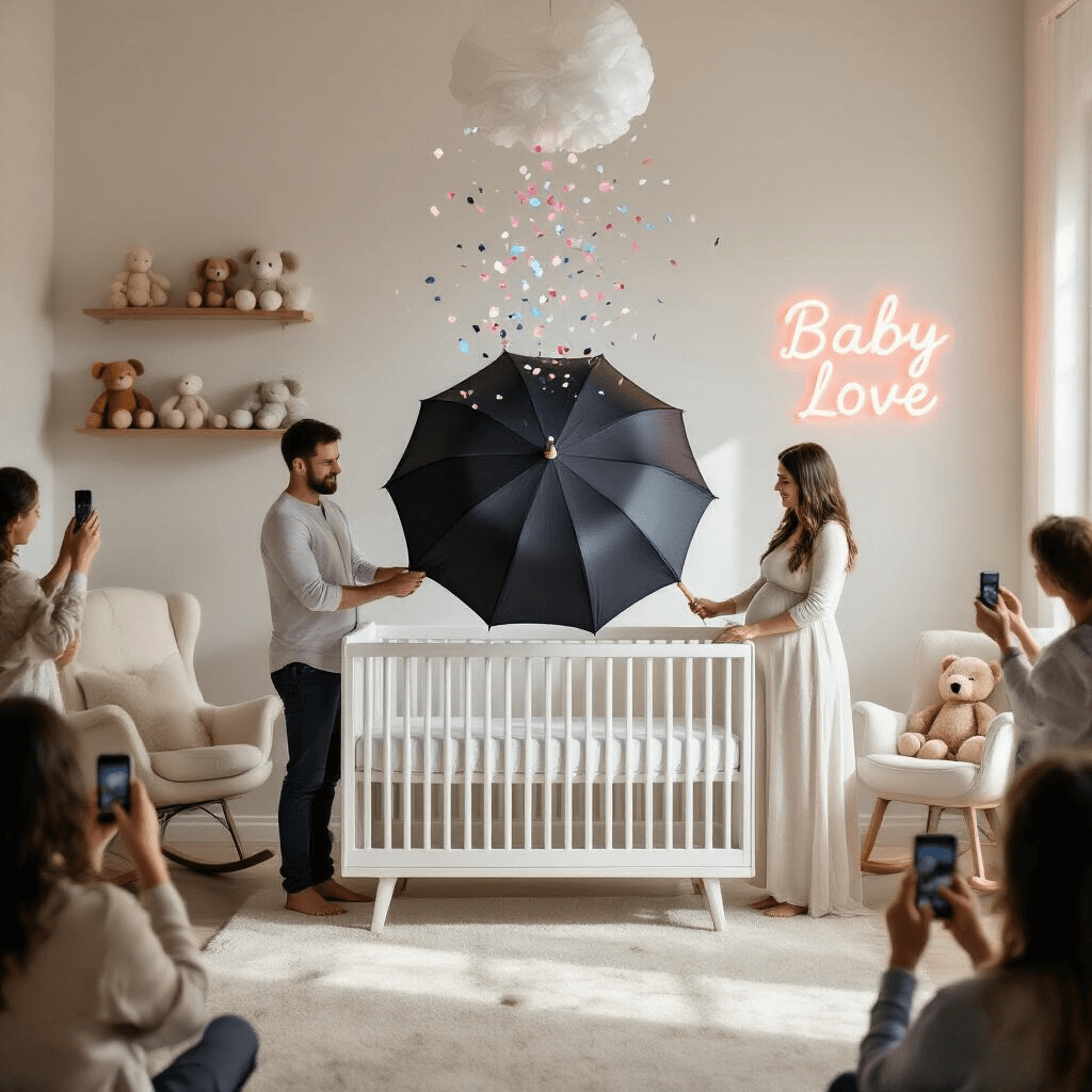 A cozy, minimalist nursery bathed in morning light, featuring a white crib with an oversized black umbrella poised to open, surrounded by expectant parents and family, capturing the moment confetti showers down in pink or blue as the umbrella bursts open, with neutral decor and a glowing 'Baby Love' neon sign in the background.