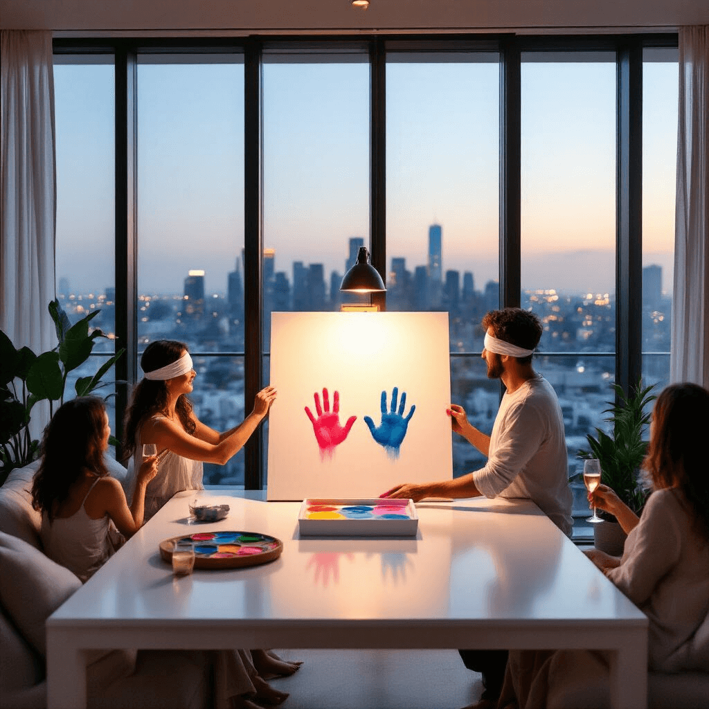 A blindfolded expectant mother, guided by her partner, dips her hands into paint as they create a gender reveal artwork on a sleek white table in a modern apartment with floor-to-ceiling windows overlooking a city skyline at dusk. Guests enjoy champagne from stylish seating, surrounded by soft drapery and potted plants. Handprints in pink or blue are beginning to appear on the canvas.