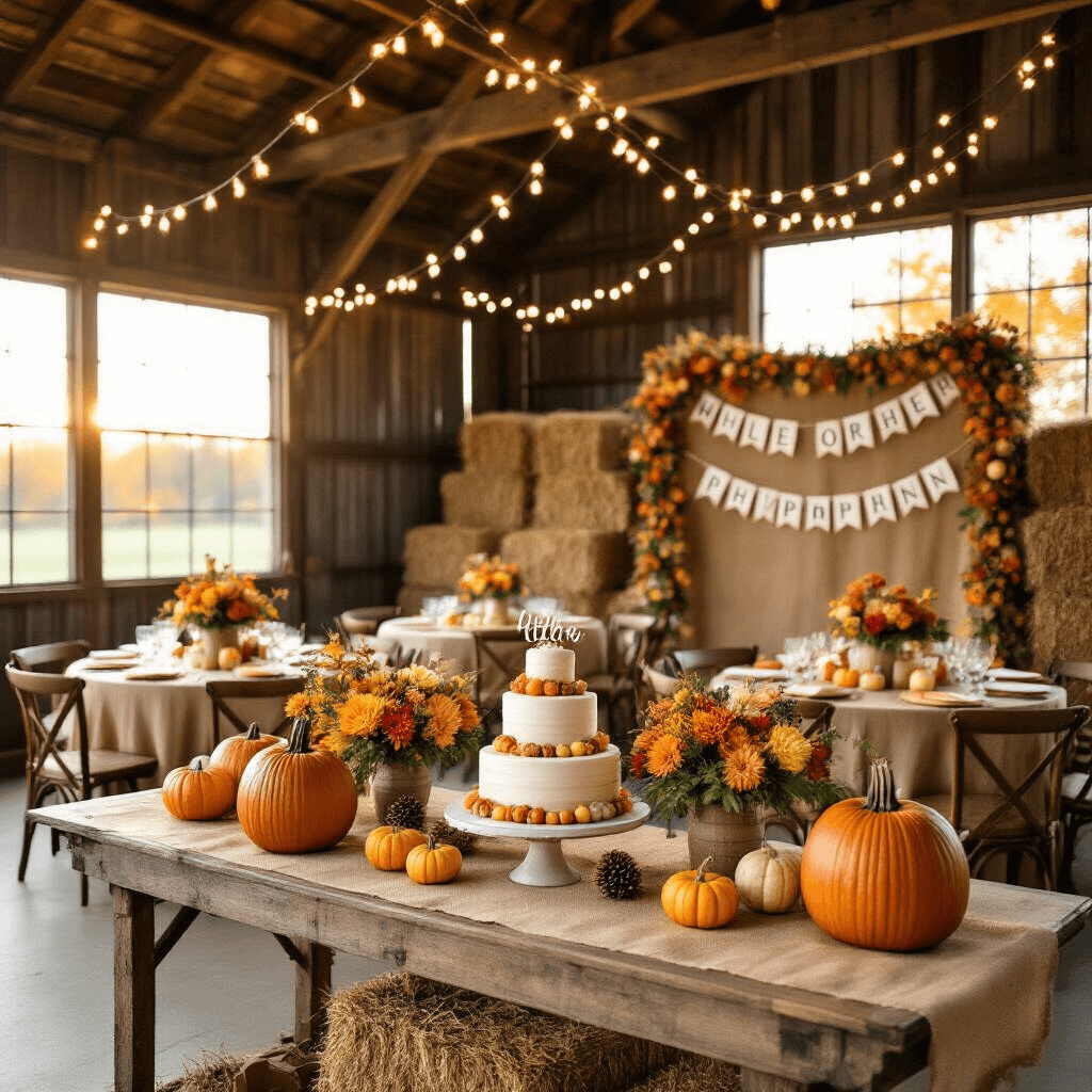 A beautifully decorated rustic barn interior for a fall gender reveal party, featuring round tables with burlap runners, hollowed pumpkins with flowers, and a 'He or She?' banner against hay bales; warm fairy lights illuminate the scene, and a vintage wooden cart showcases a tiered naked cake with a 'Little Pumpkin' topper.