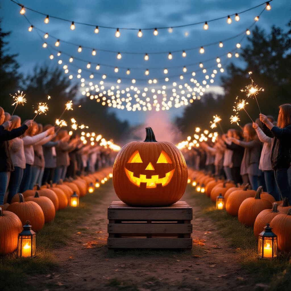 An enchanting twilight pumpkin patch filled with guests holding sparklers, leading to a large carved pumpkin on a crate, surrounded by lanterns and Edison bulbs, as soon-to-be parents prepare to reveal colored powder inside the pumpkin.