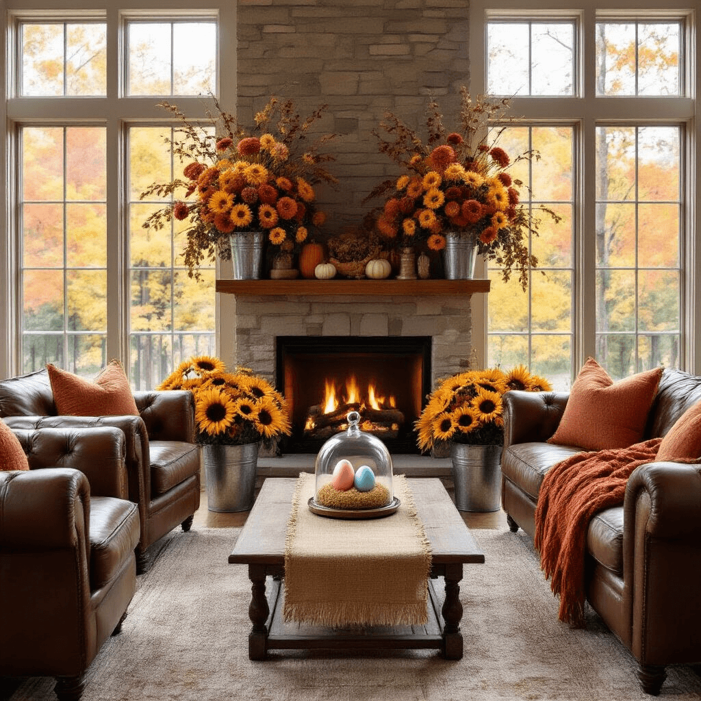 Cozy fall-themed living room for a gender reveal, featuring vibrant autumn foliage through large windows, a crackling fireplace, floral arrangements, comfortable seating with warm throws, and a coffee table centerpiece of a glass cloche with a pink and blue egg nest.