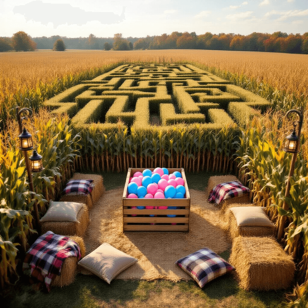 Aerial view of a colorful autumn cornfield maze shaped like a baby rattle, featuring a wooden crate with pink or blue balloons at the center, surrounded by rustic hay bale seating adorned with plaid blankets and burlap pillows, illuminated by vintage lanterns.