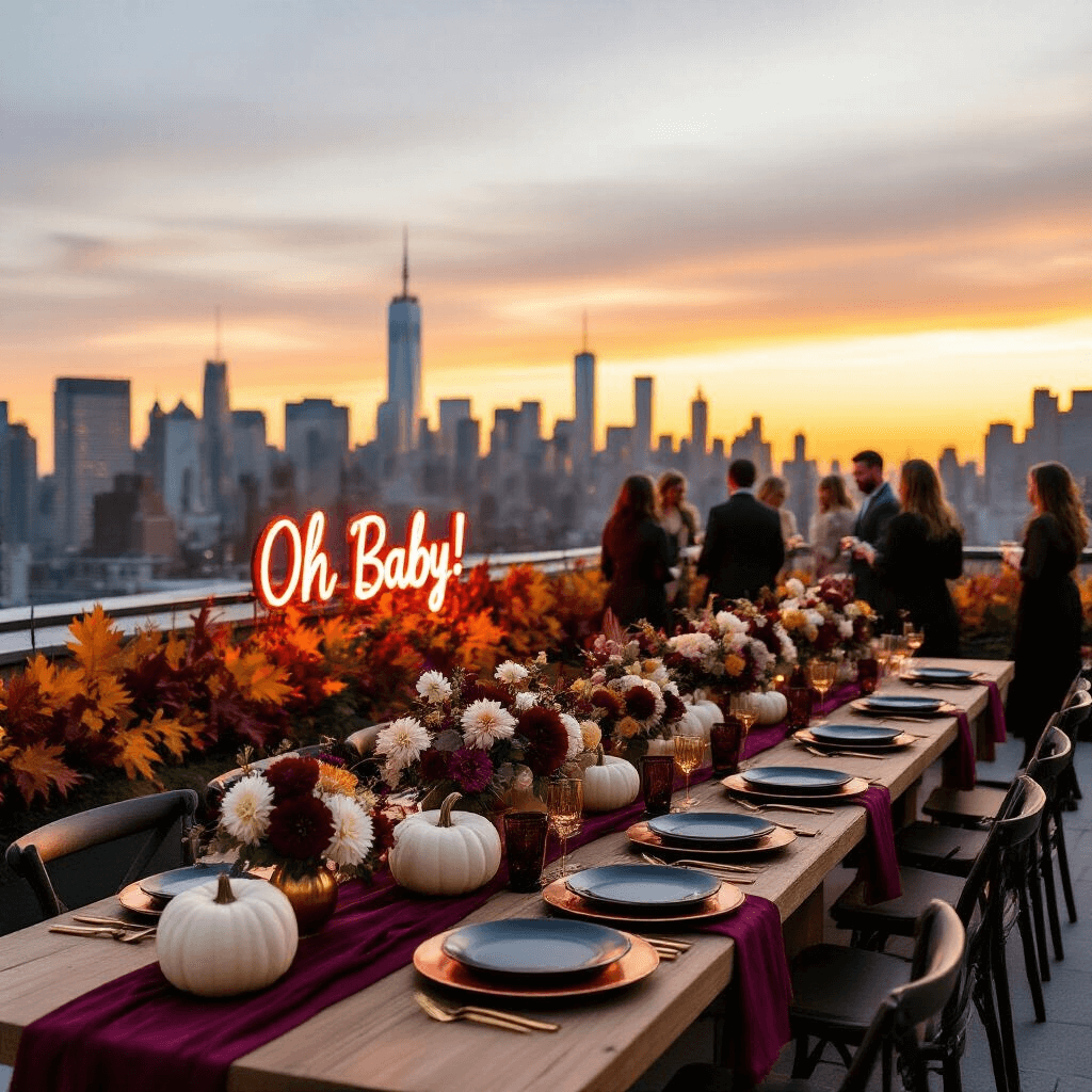 A chic rooftop terrace in NYC at golden hour, decorated for a fall gender reveal party with long farm tables, copper chargers, black plates, and gold cutlery. Centerpieces of white pumpkins and jewel-toned flowers adorn the tables, while a vibrant autumn leaves wall features a neon sign reading 'Oh Baby!'. Guests enjoy apple cider mocktails from a modern bar cart.