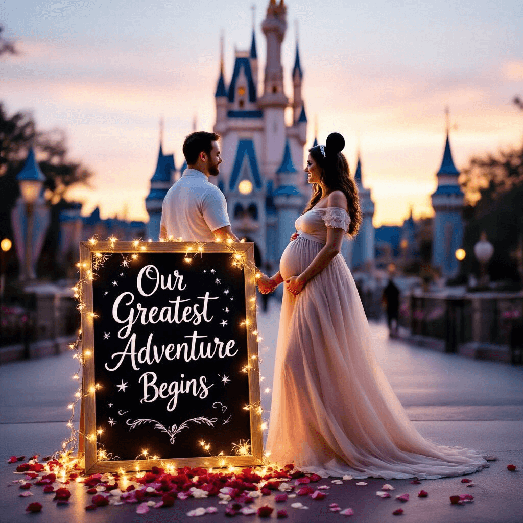 A glowing couple holds hands in front of Cinderella's Castle at Disney World during golden hour, with a chalkboard sign reading 'Our Greatest Adventure Begins' surrounded by fairy lights and rose petals. The woman wears a maternity dress with subtle Mickey ears, and the man has a 'Dad-to-Be' shirt, all set against a dreamy pastel sky.