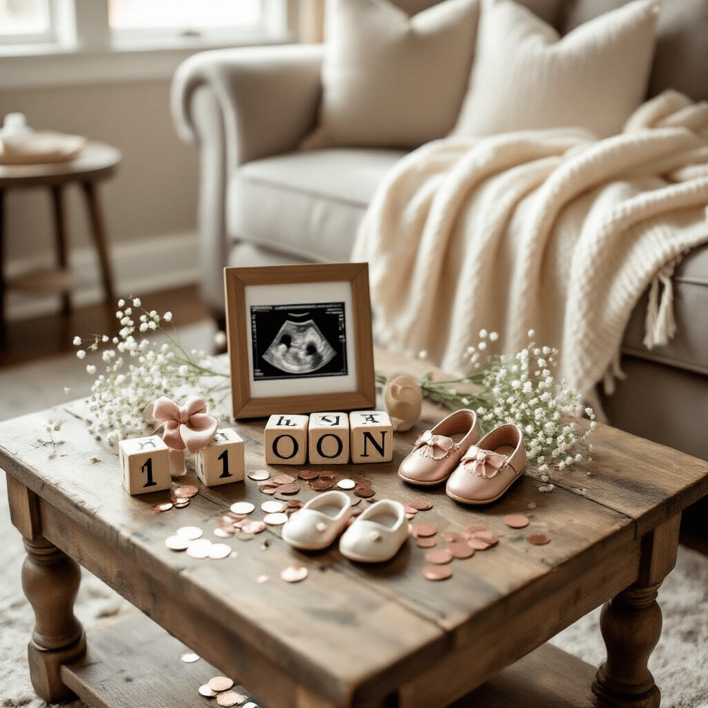 An intimate at-home reveal scene featuring a rustic wooden coffee table with a flat lay that includes tiny baby Mickey ears, a framed ultrasound photo, 'Coming Soon' blocks, and Disney-themed miniature shoes, surrounded by rose gold confetti and baby's breath flowers, all bathed in soft morning light with a plush cream throw blanket in the background.