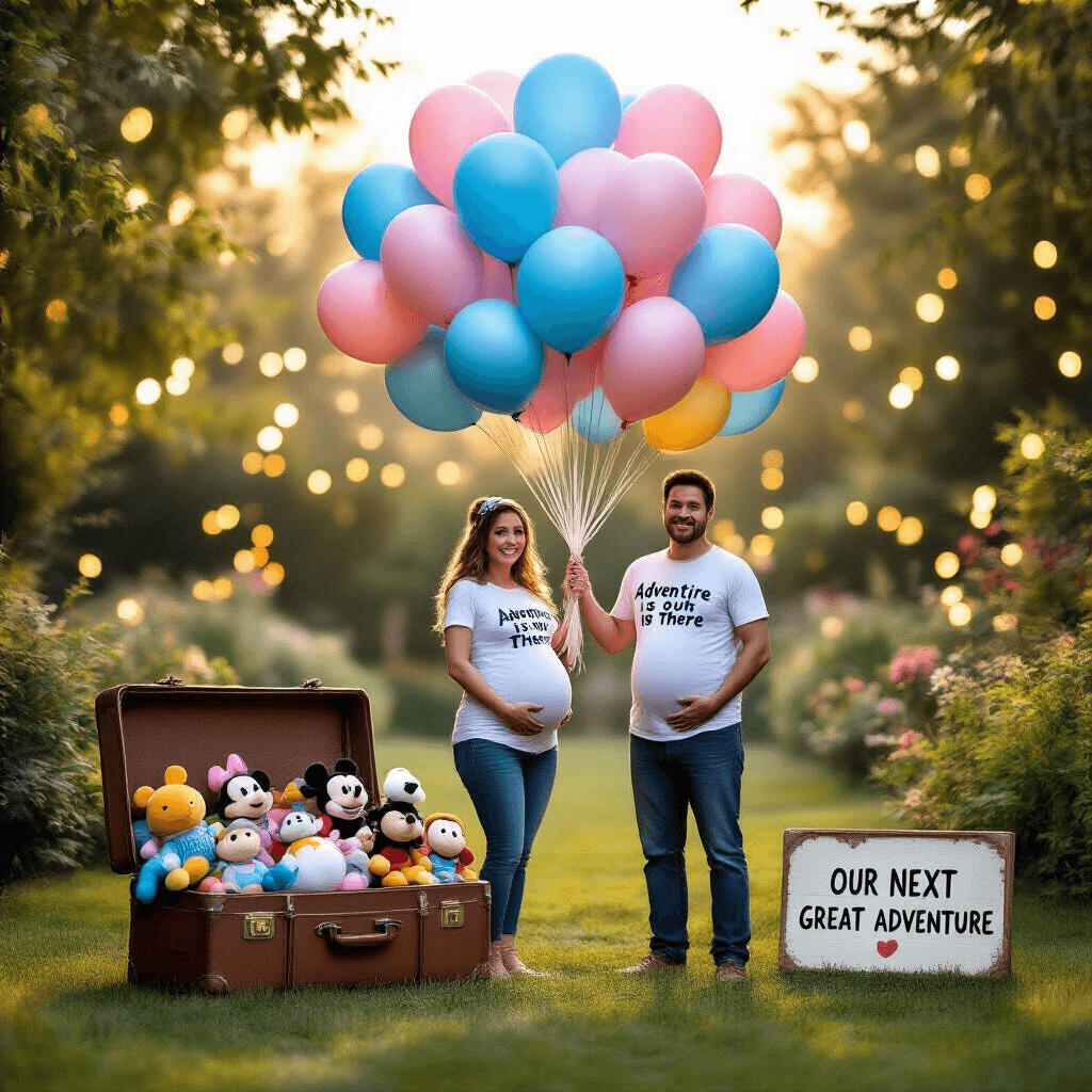 A couple in a lush garden holds a large bunch of blue and pink balloons, wearing 'Adventure is Out There' shirts. The woman's belly is highlighted, while a vintage suitcase with plush Disney characters sits in the foreground alongside a sign that says 'Our Next Great Adventure'. Soft bokeh fairy lights twinkle in the warm golden hour light.