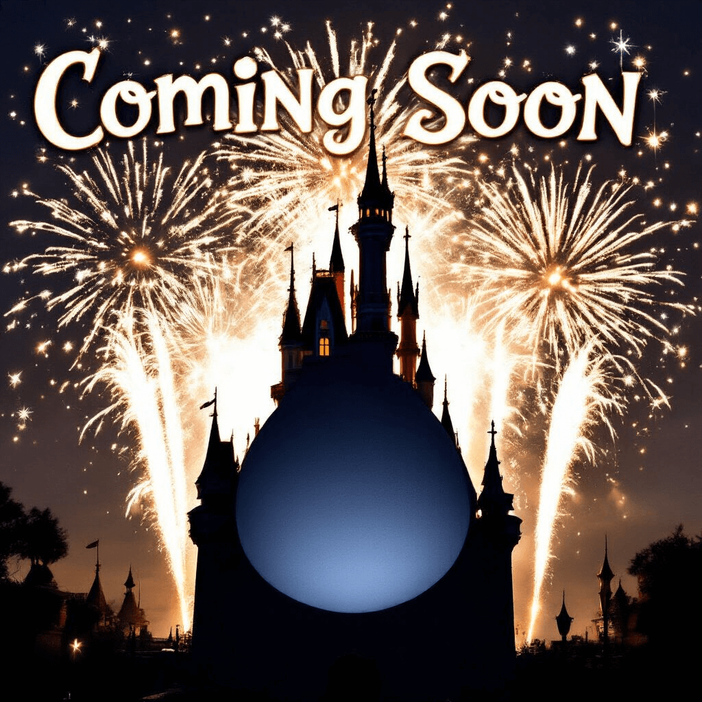 A silhouette of a pregnant belly replaces the Disney castle against a nighttime sky, surrounded by sparkling fireworks. Shimmering magic dust swirls around the belly, and the words 'Coming Soon' are written above in the iconic Disney font.