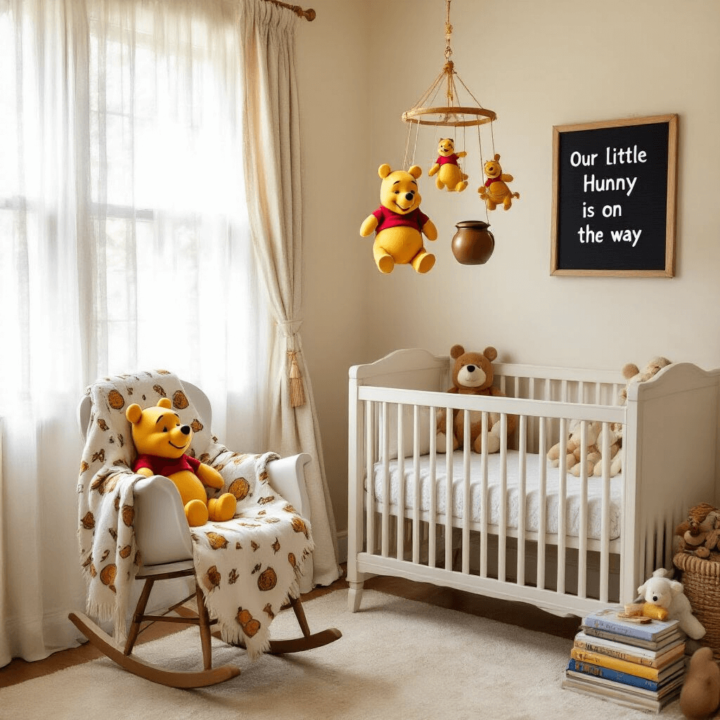A cozy nursery with a subtle Winnie the Pooh theme, featuring soft lighting, a vintage rocking chair with a hunny pot-patterned blanket, a white crib, a mobile of Pooh and friends, and a letterboard reading 'Our little hunny is on the way,' surrounded by stuffed Disney characters and classic storybooks.