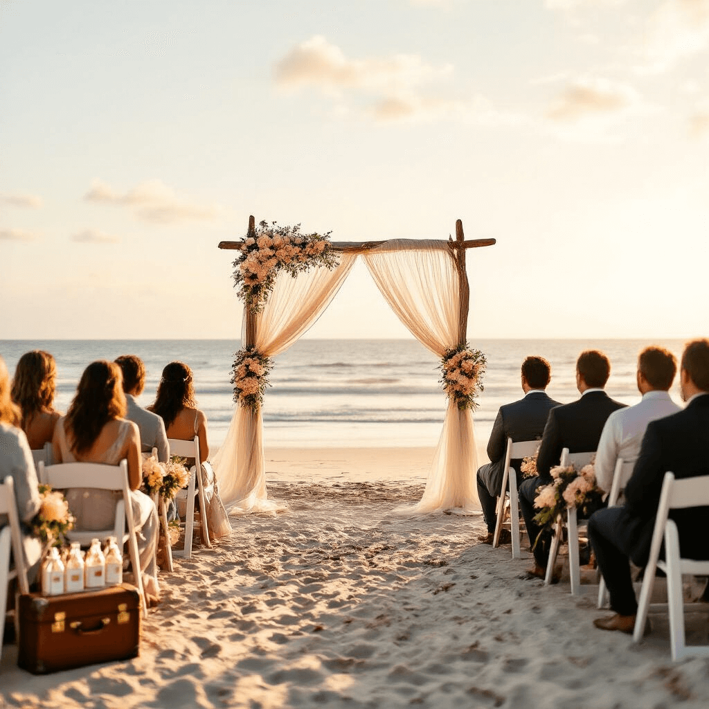 A sun-drenched beachfront wedding ceremony at golden hour, featuring a driftwood arch, white wooden chairs with floral arrangements, and a vintage suitcase filled with message bottles, set against the gentle waves and golden sand.