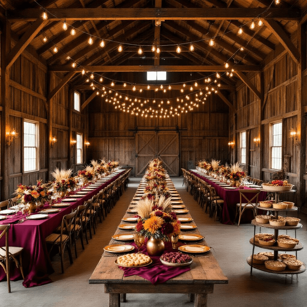Overhead view of a rustic barn interior set for an autumn wedding, featuring long farmhouse tables with burgundy linens, gold charger plates, and centerpieces of red dahlias, orange maple leaves, and wheat stalks in copper vases, illuminated by warm Edison bulbs, with a dessert cart of pies nearby.